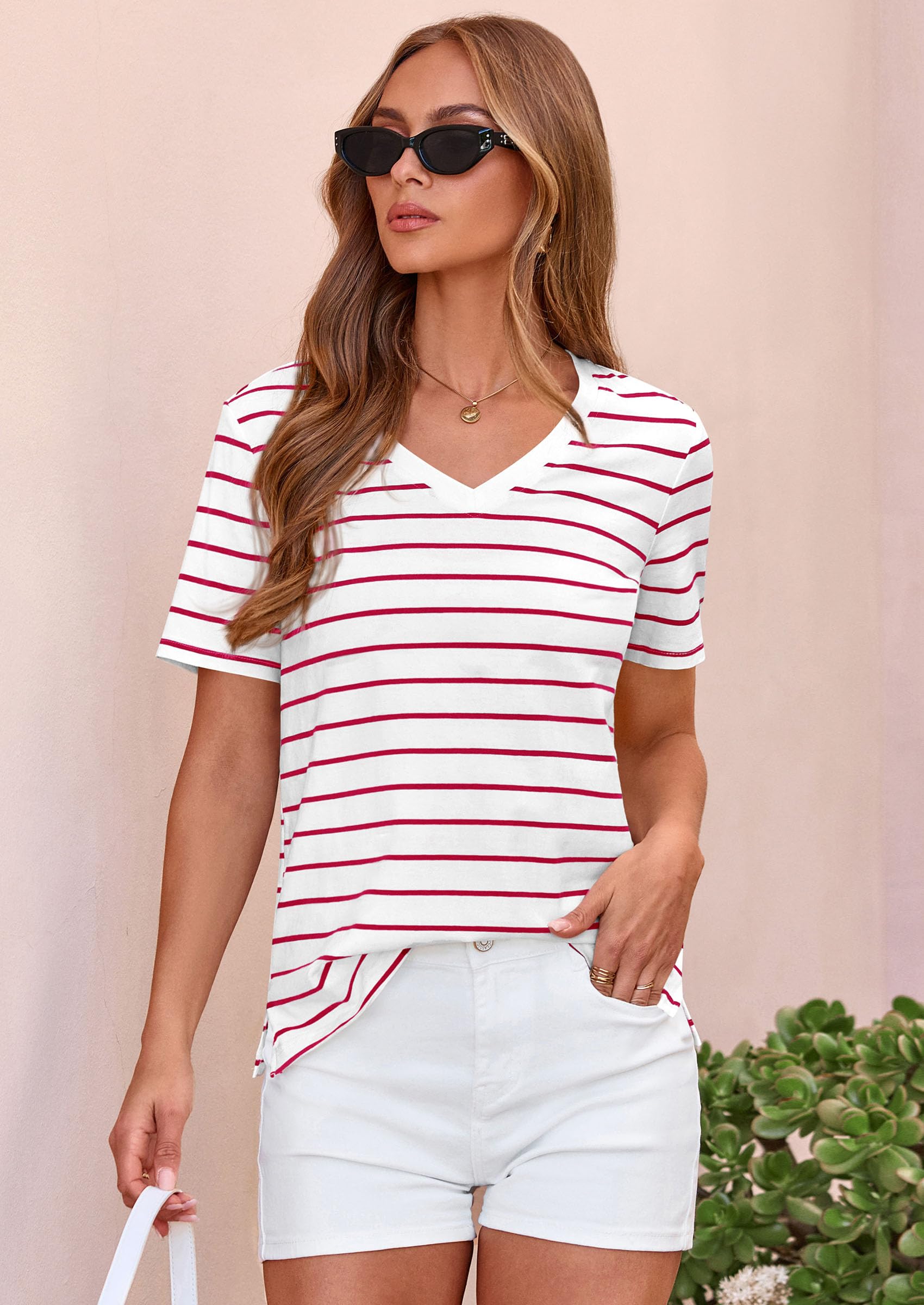 Striped Short Sleeve Womens Tops,Striped White Red,S