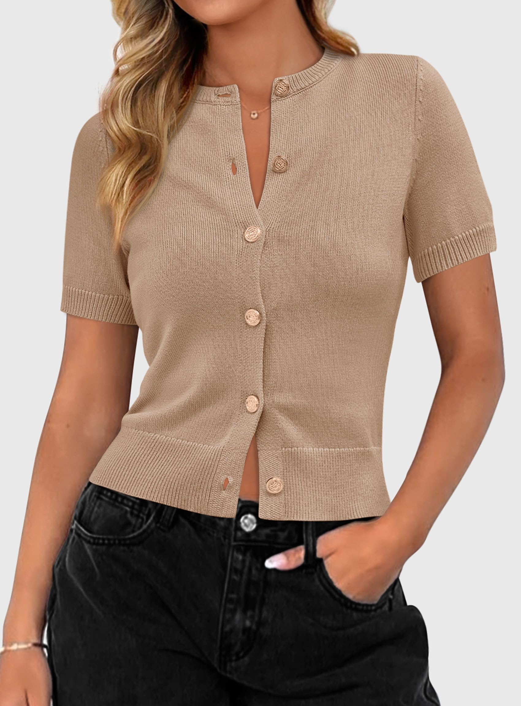 Womens Summer Cardigan Short Sleeve Sweater,Khaki,S