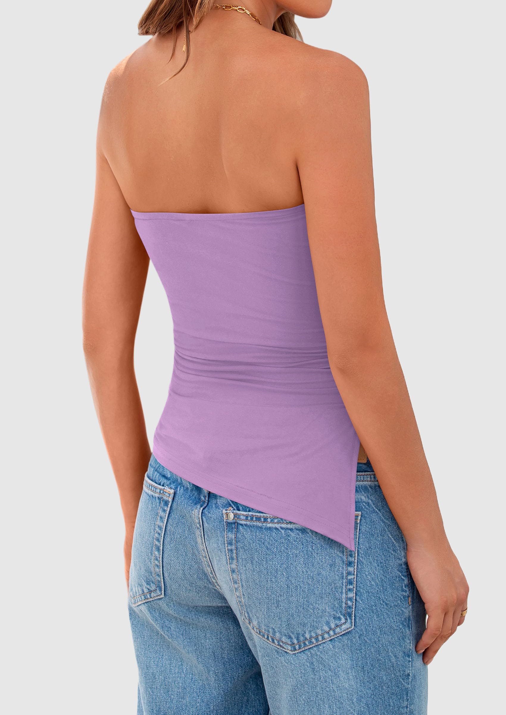 Women's Ruched Asymmetrical Strapless Tube Top, Purple,S