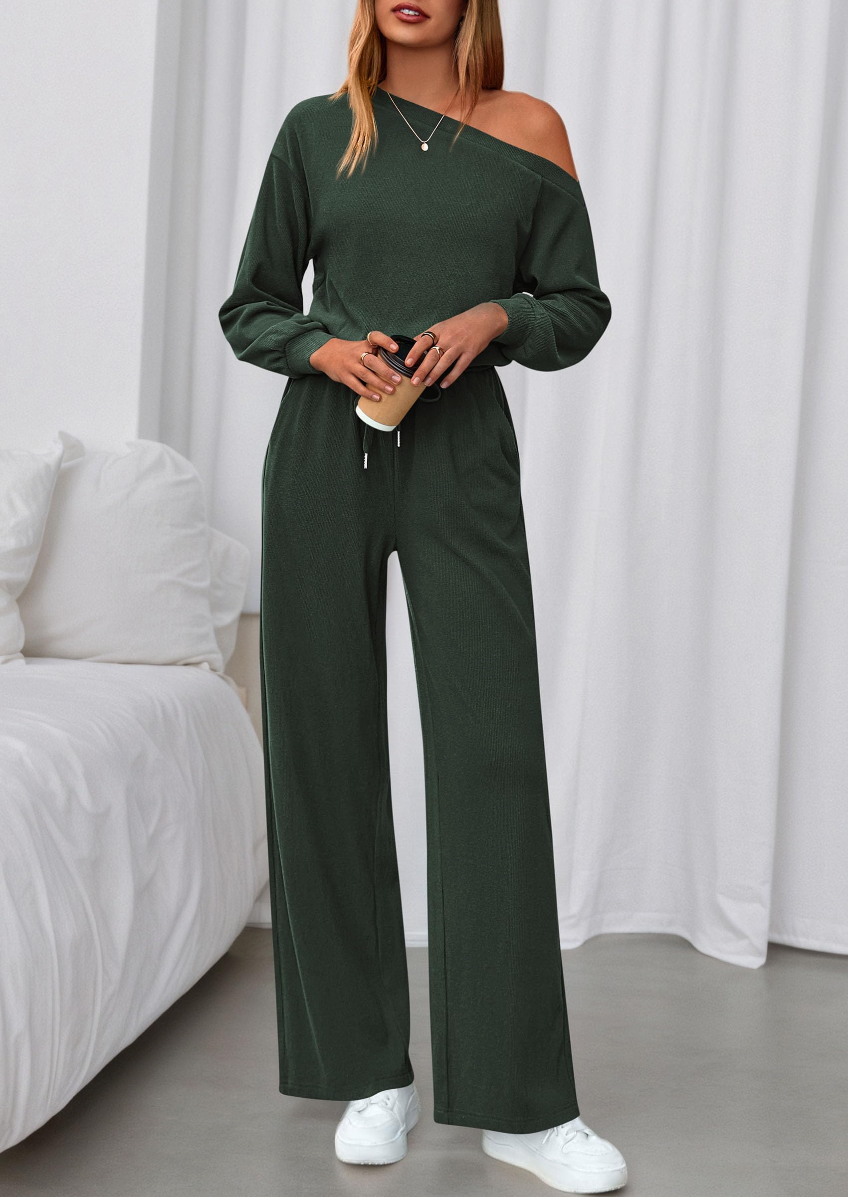 Womens Off Shoulder Long Sleeve Jumpsuit,Dark Army Green,S