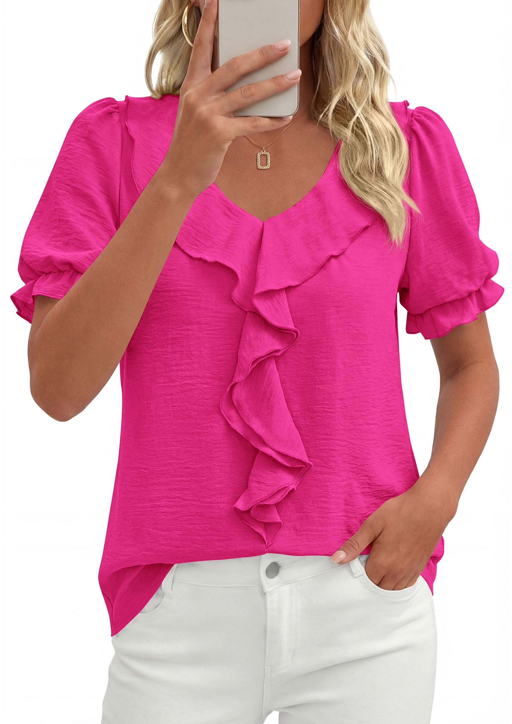 Women's Summer Ruffle Dressy Casual Blouses (Rose Red,S)