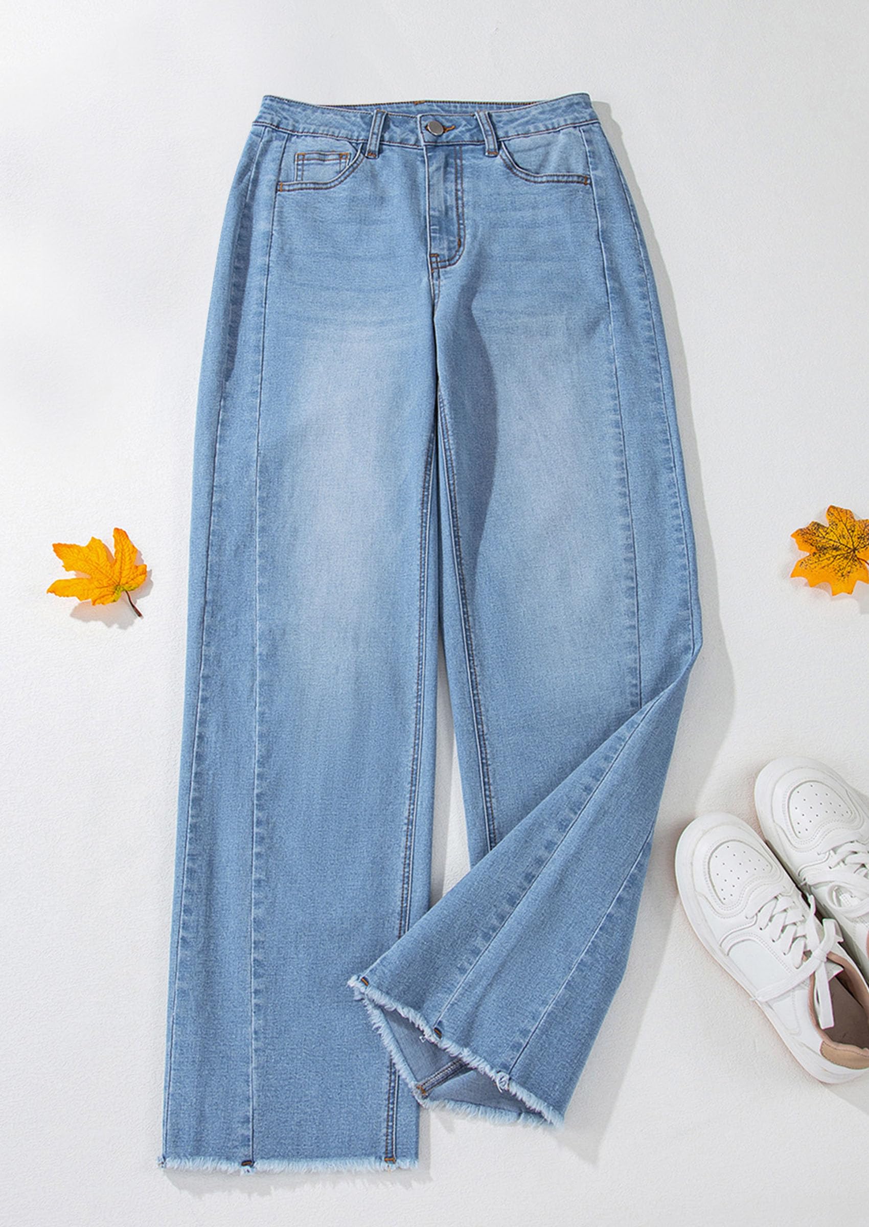 Women's Wide Leg Jeans Raw Hem Denim Pants,Light Blue,16