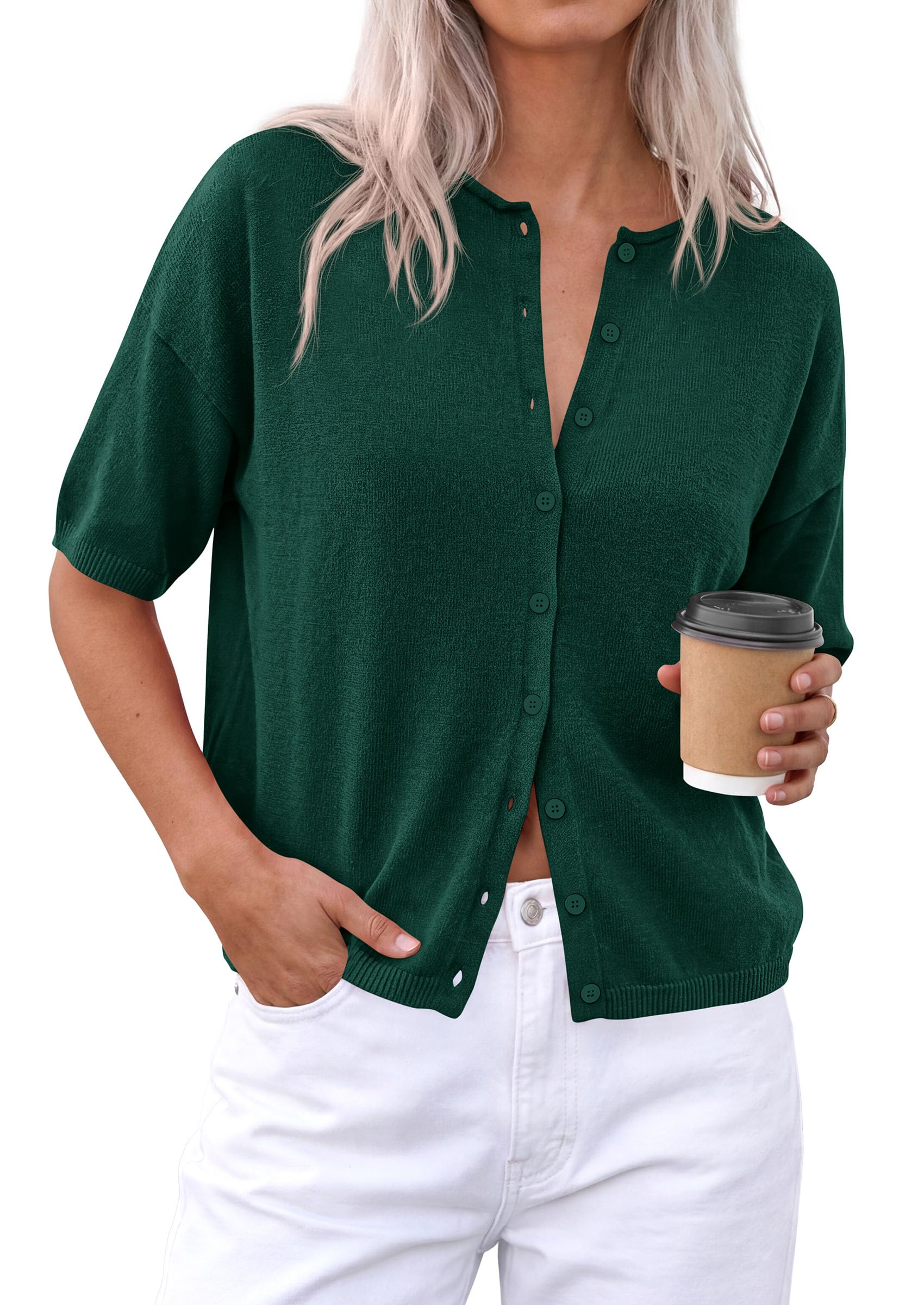 Women's Short Sleeve Cardigan Sweaters (Dark Green,Small)