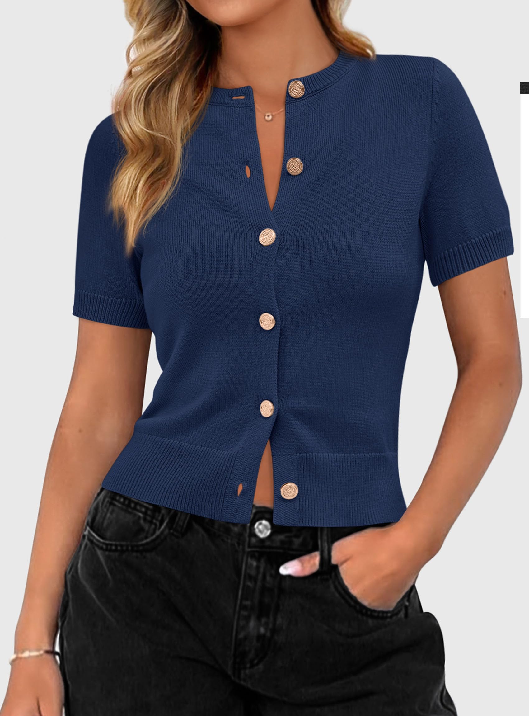 Womens Summer Cardigan Short Sleeve Sweater,Navy Blue,S