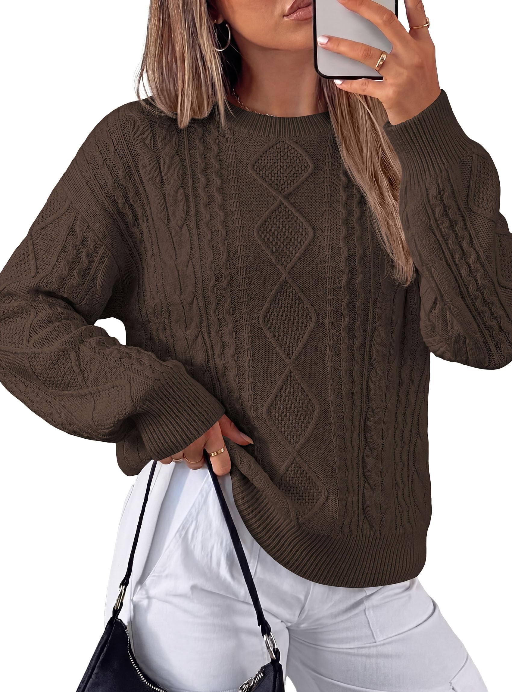 Women's Crewneck Cable Knit Sweater Pullover Tops Coffee