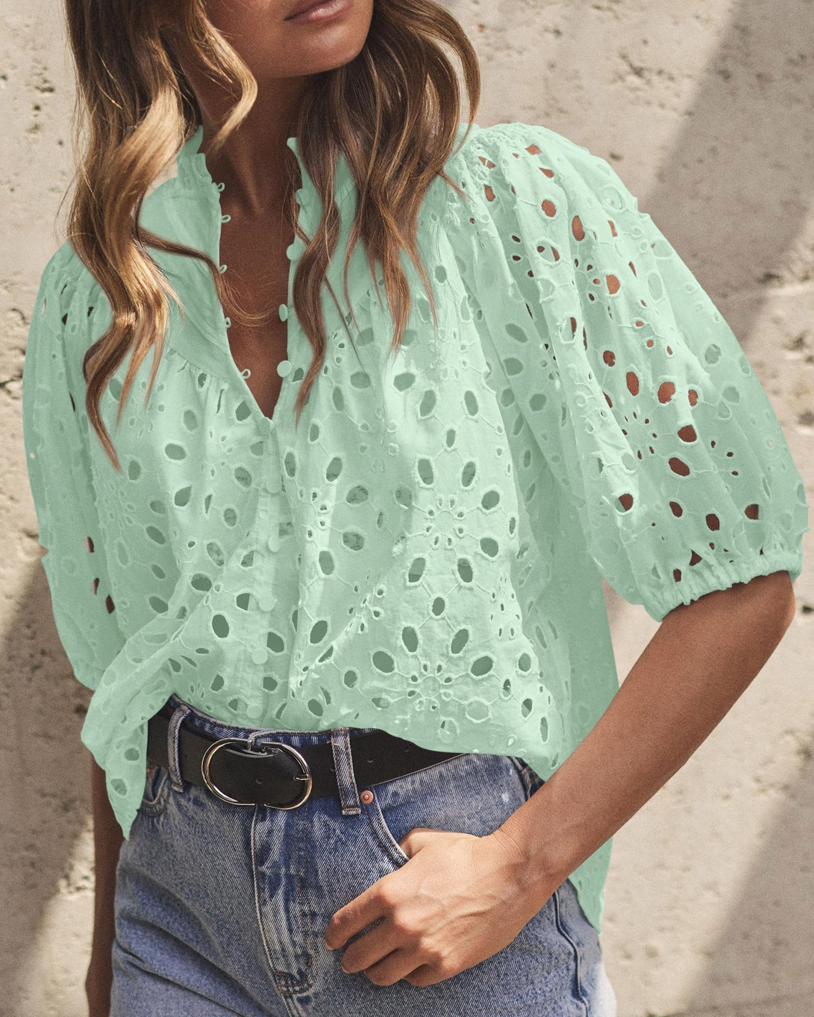 Womens Tops Boho Eyelet Puff Sleeve Blouse, Light Green,S
