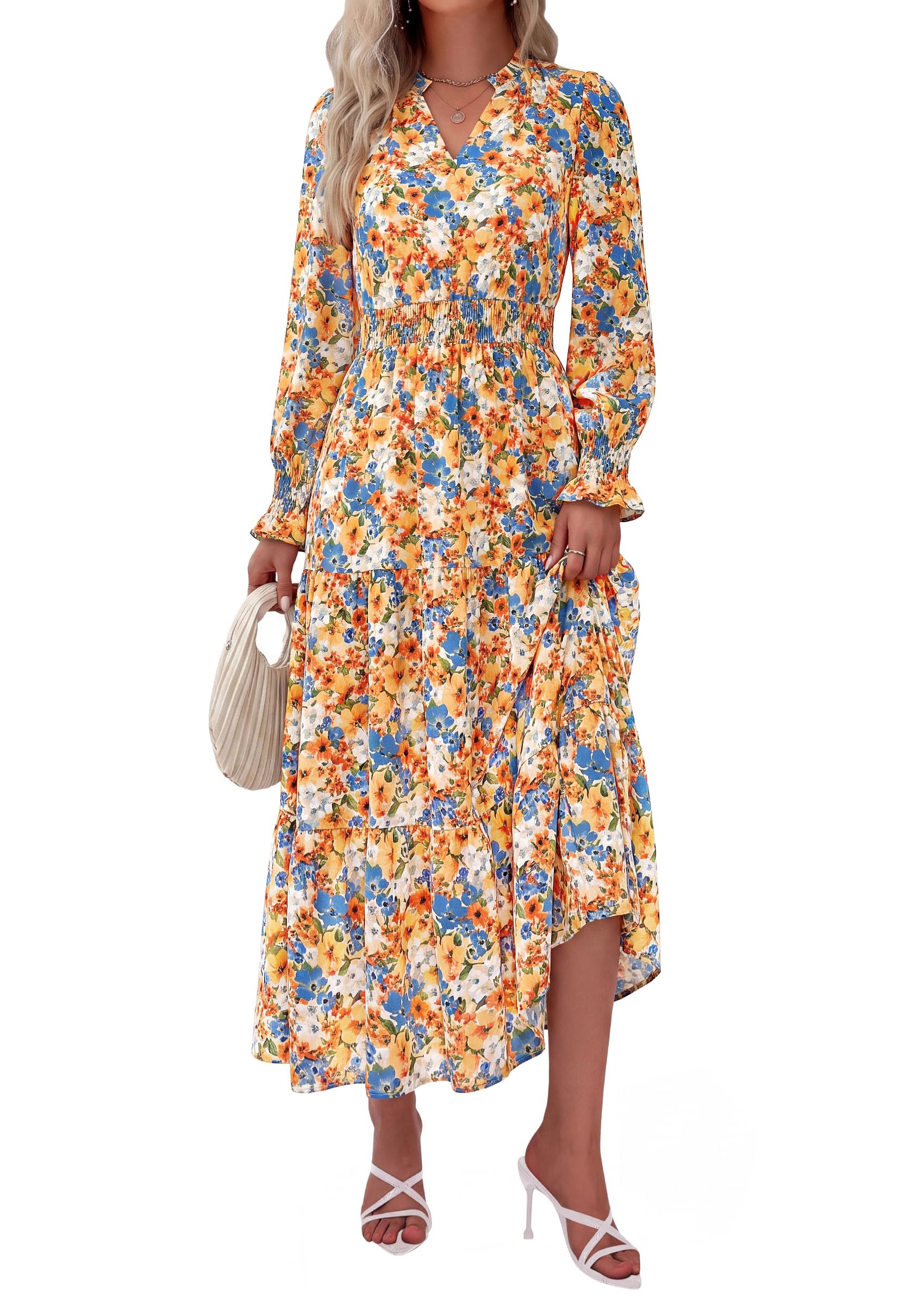 Women's Floral Maxi Dress Fall A Line Wedding Guest Dresses