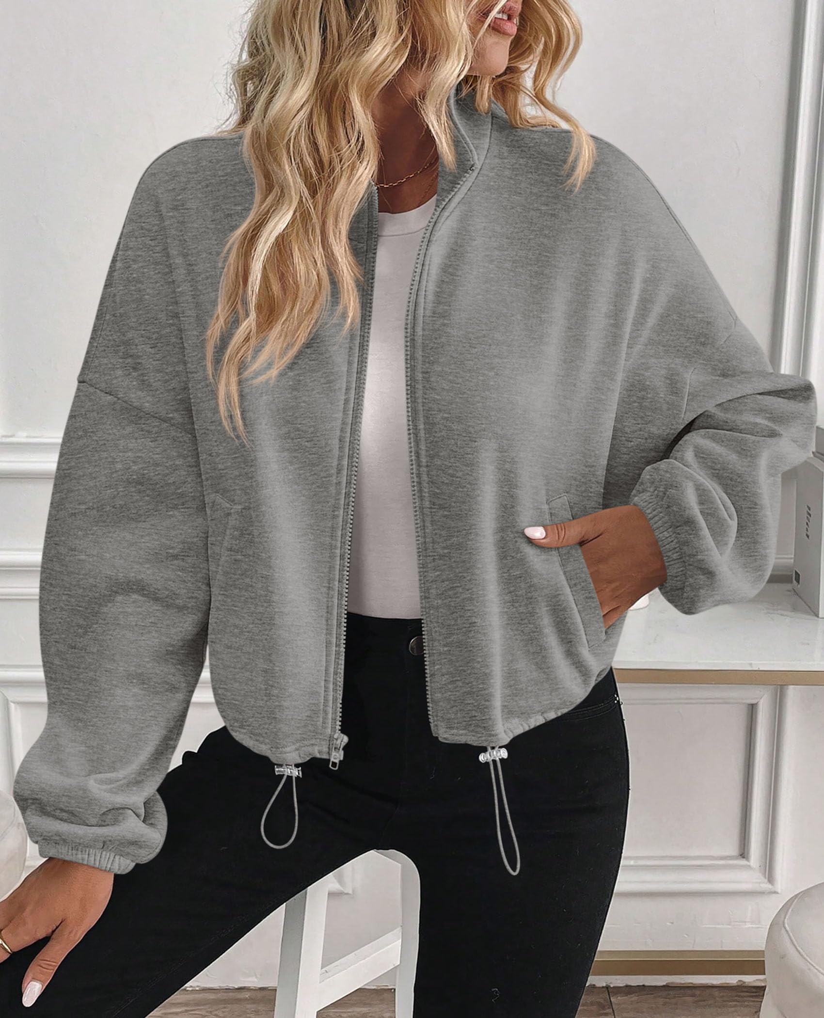 Women's Cropped Jacket Zip Up Fleece Sweatshirt Fall Outfits