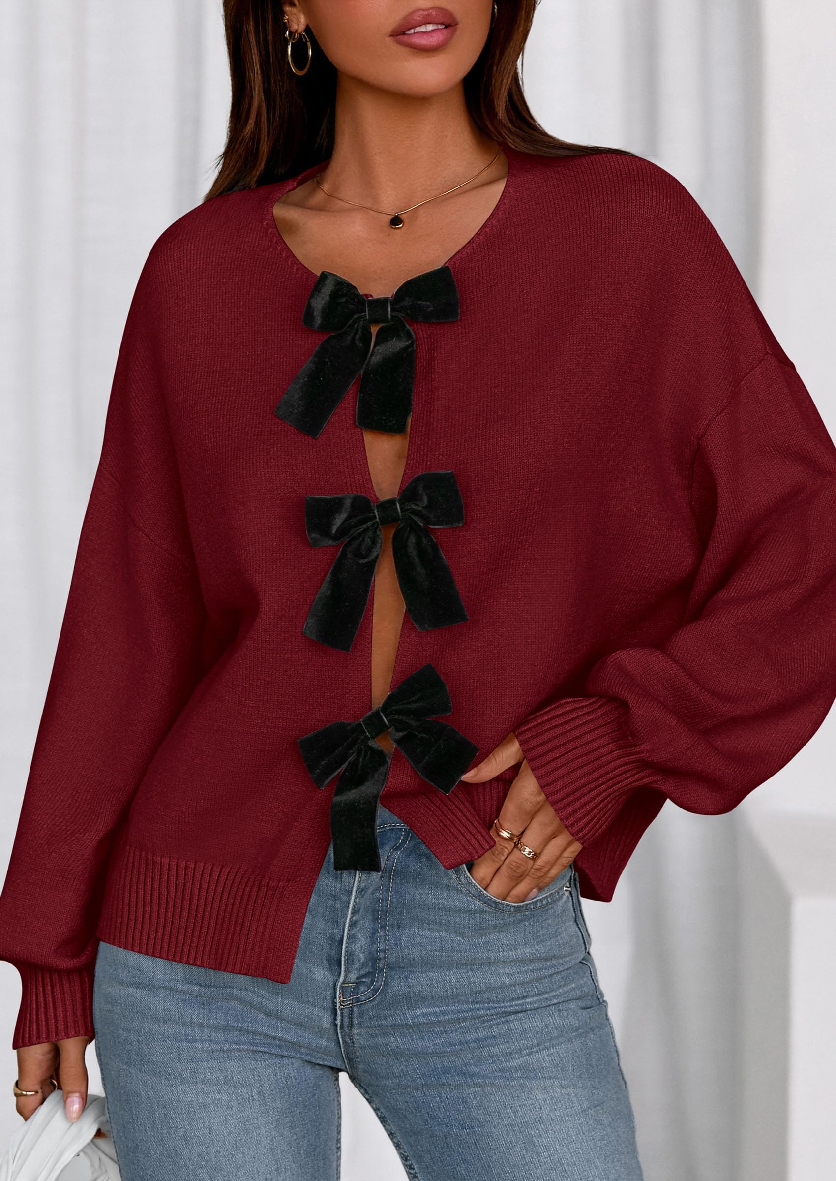 Women's Fall Bow Tie Front Cardigan Sweaters,Red,S