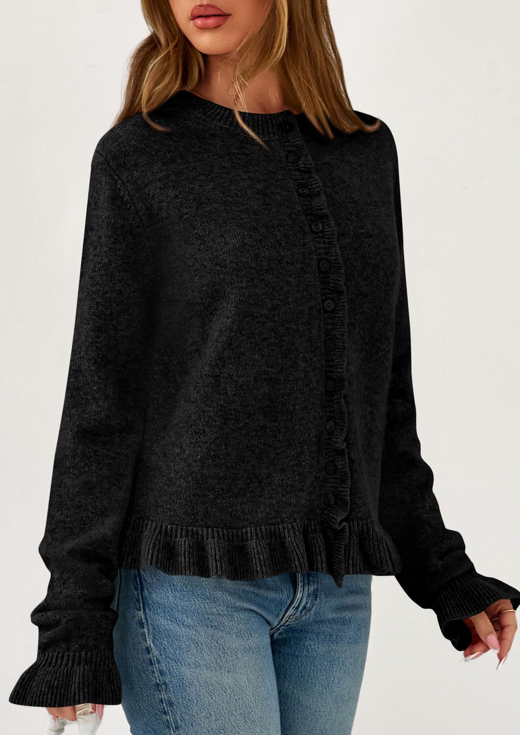 Womens Ruffle Button Down Cardigan Sweaters,Black,S