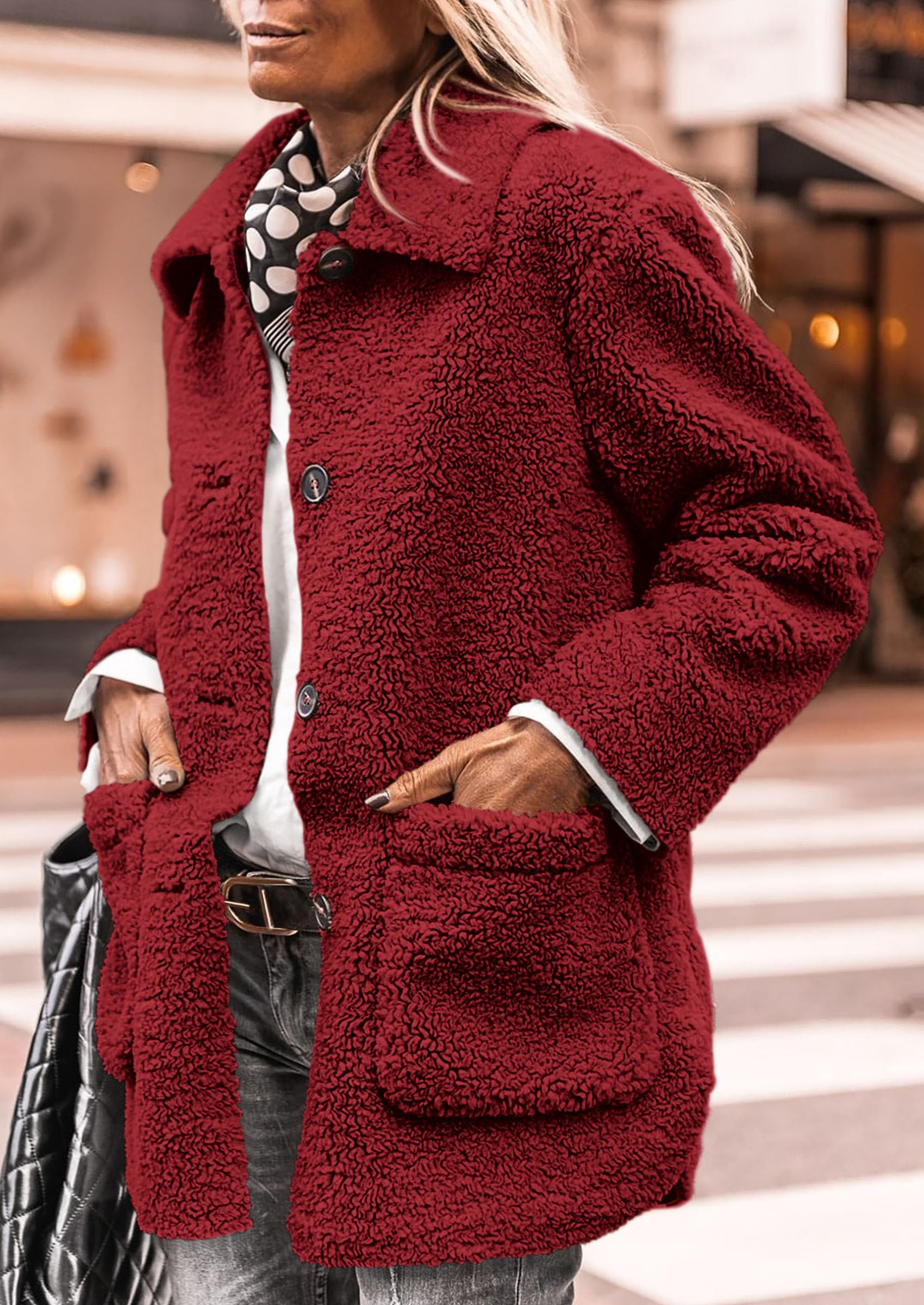 Women's Fleece Sherpa Coats Winter Outfits Jujube Red,S