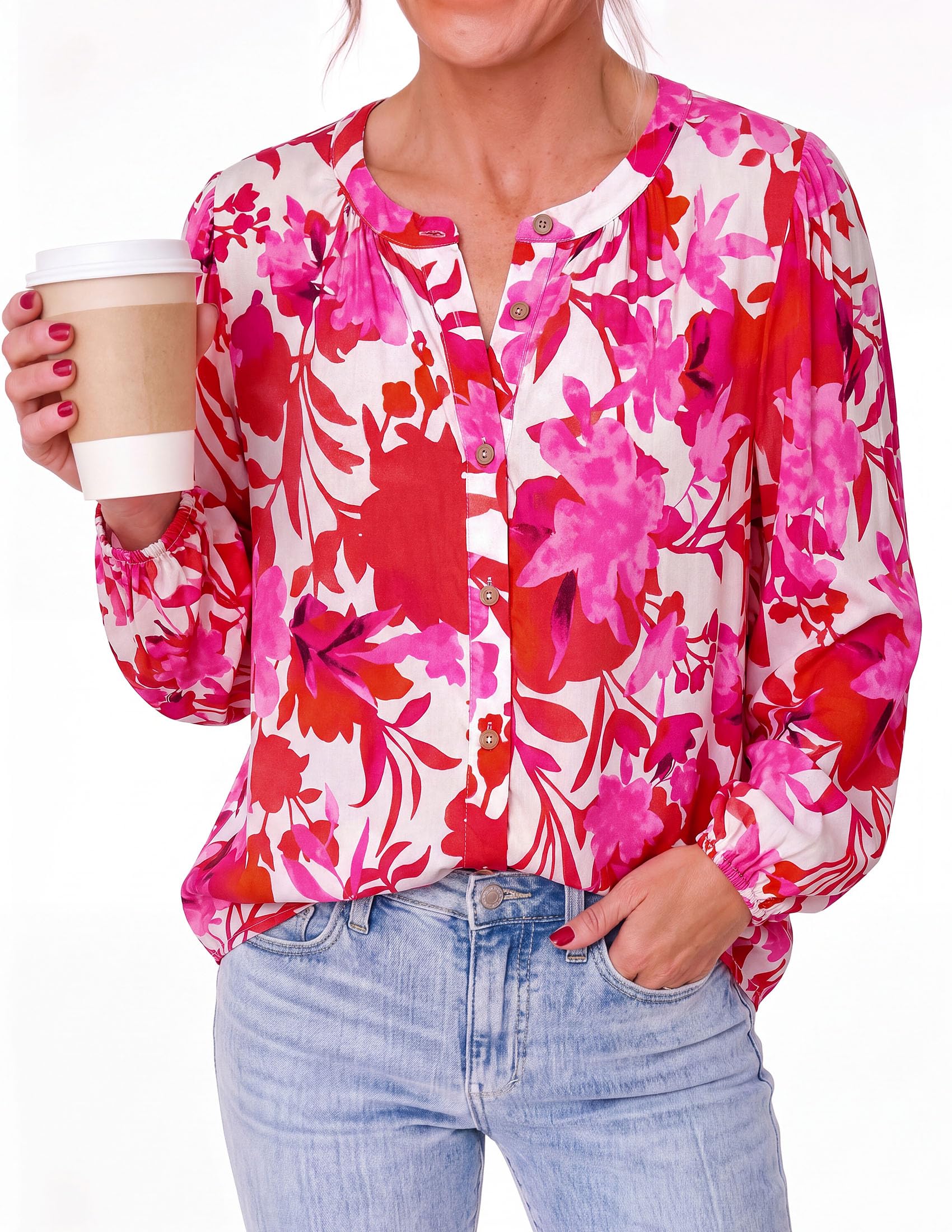 Women's Boho Tops Fall Long Sleeve Button Down Floral Blouses