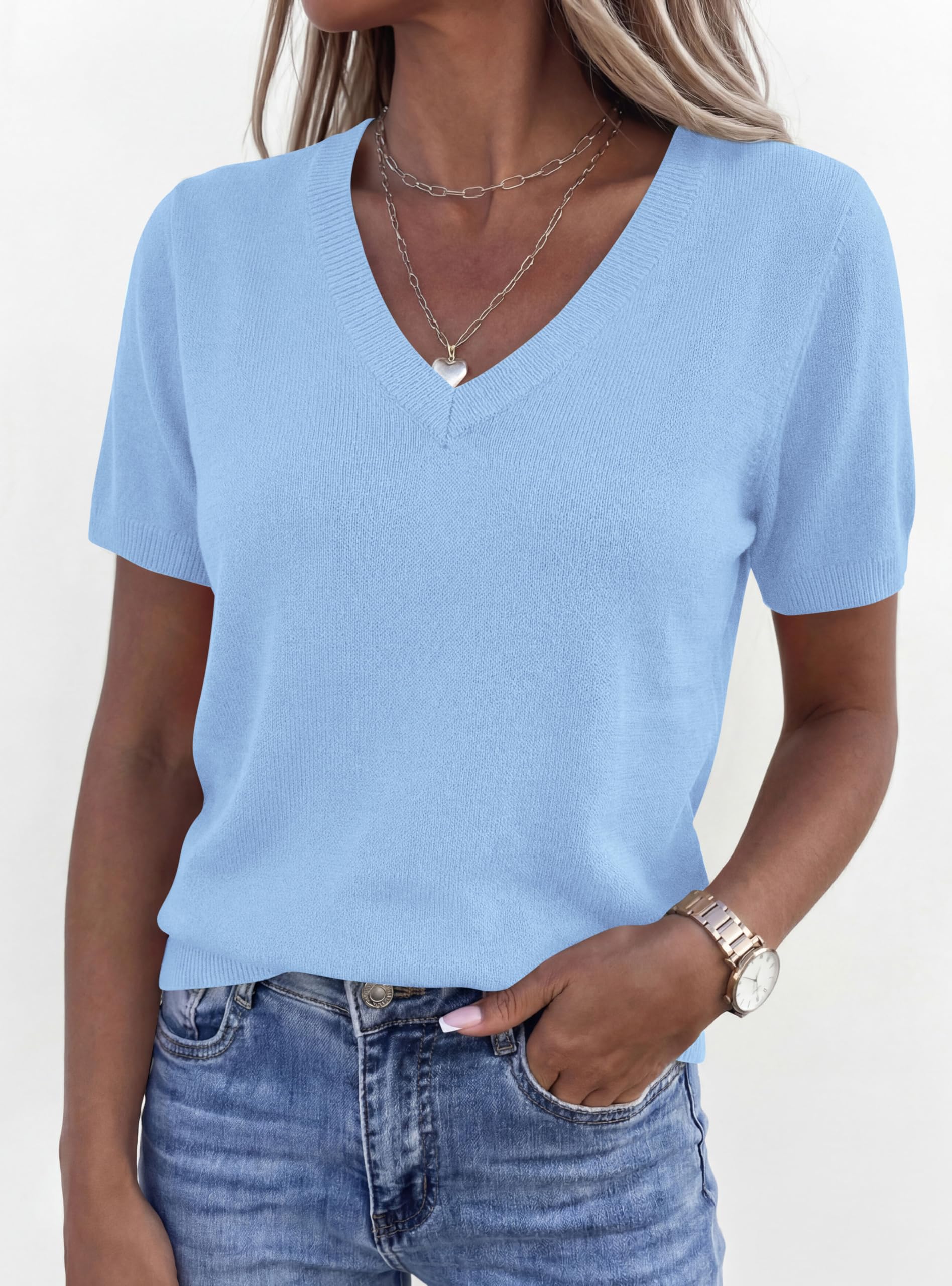 Womens Short Sleeve Sweater V Neck Tops,Light Blue,S