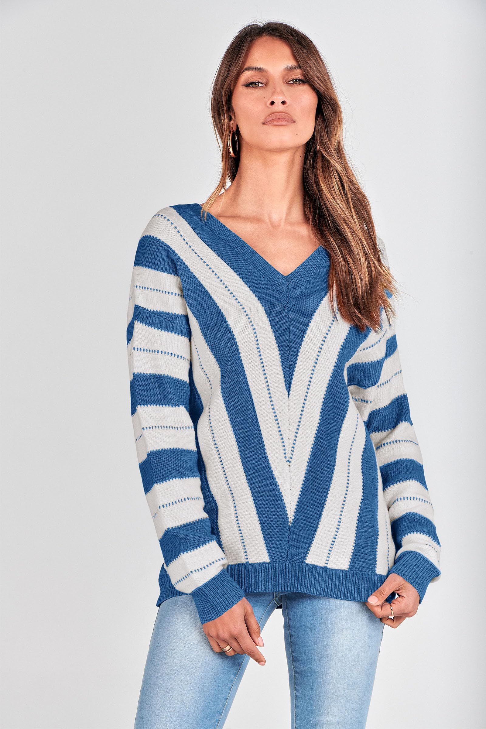 Women's V Neck Striped Knit Pullover Sweater