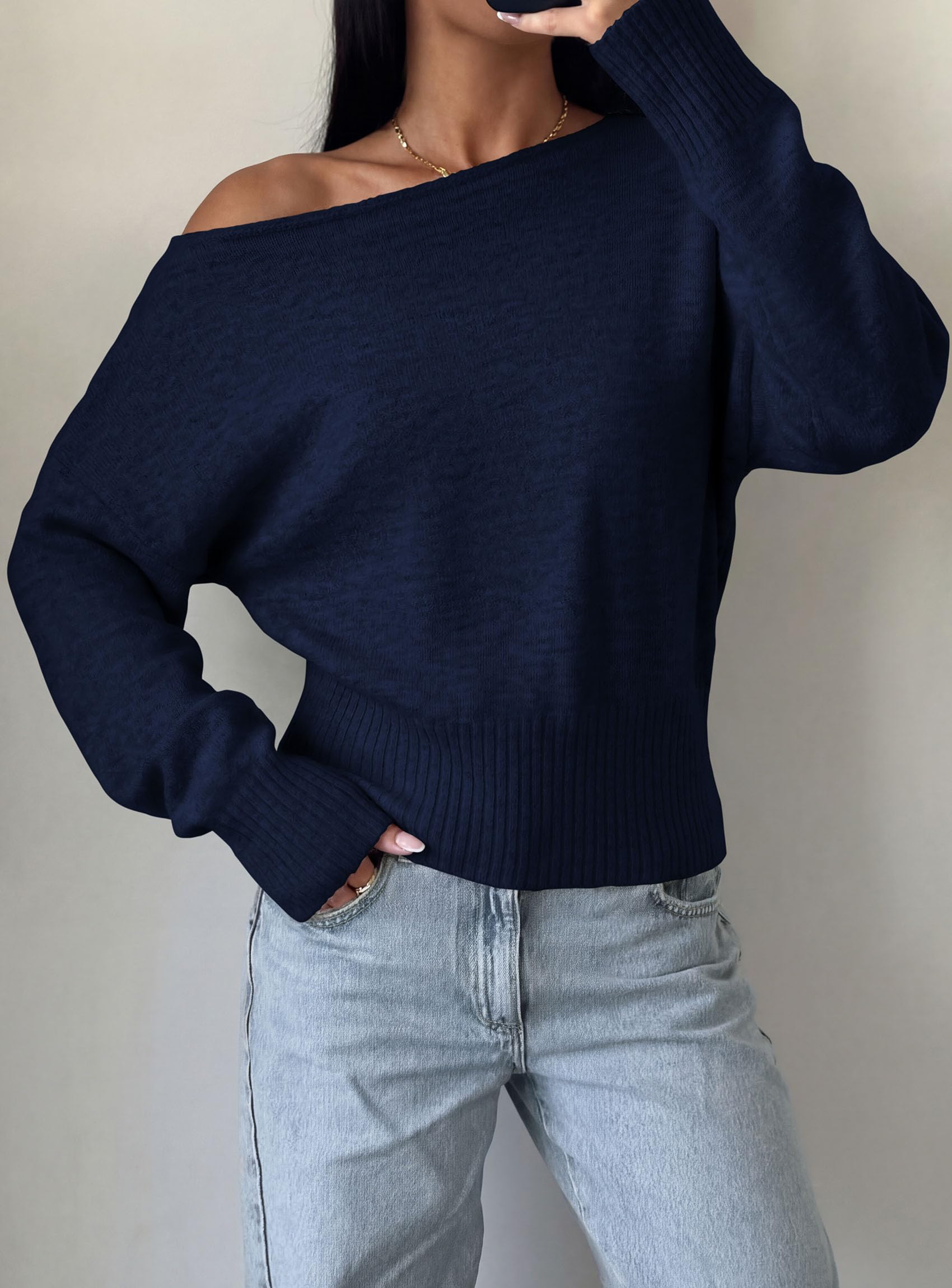 Womens Off The Shoulder Sweater Fall Fashion,Navy Blue,S