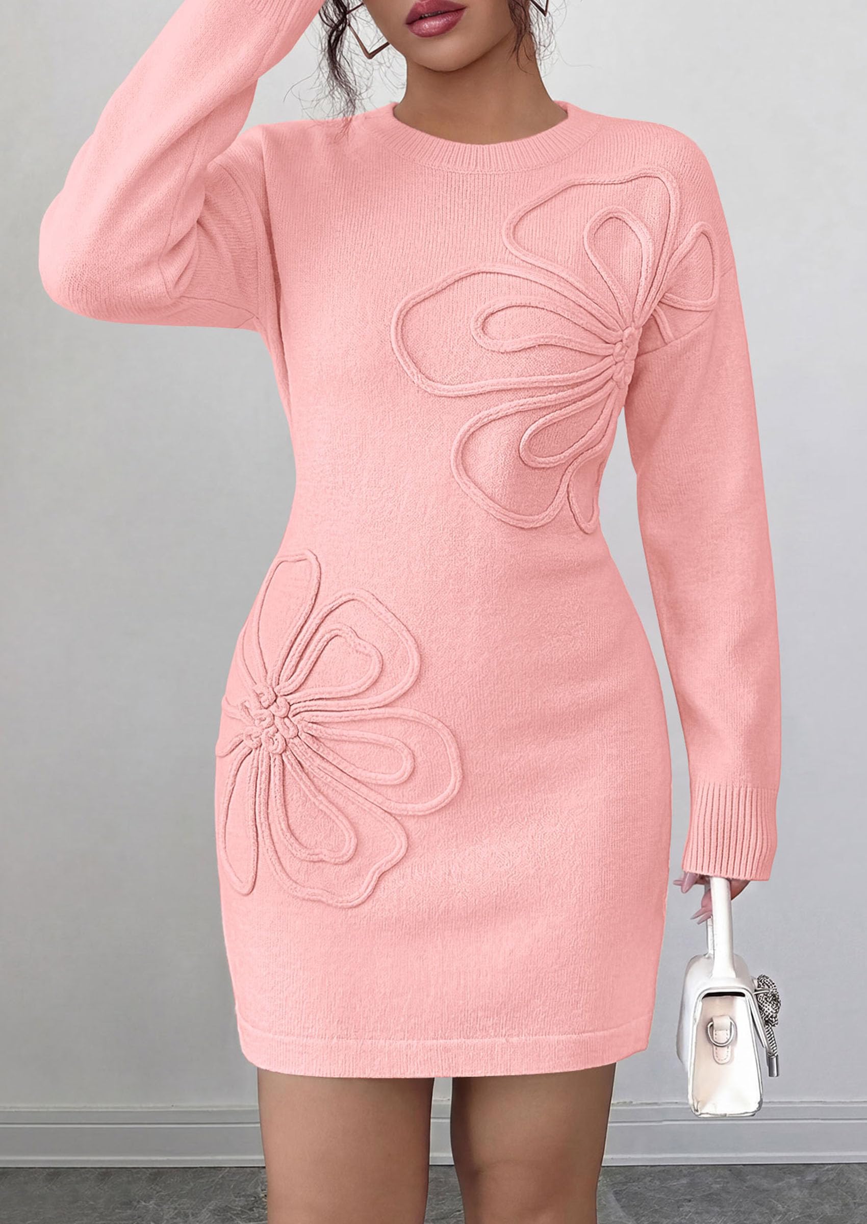 Women's Embroidered Long Sleeve Bodycon Mini Sweater Dress