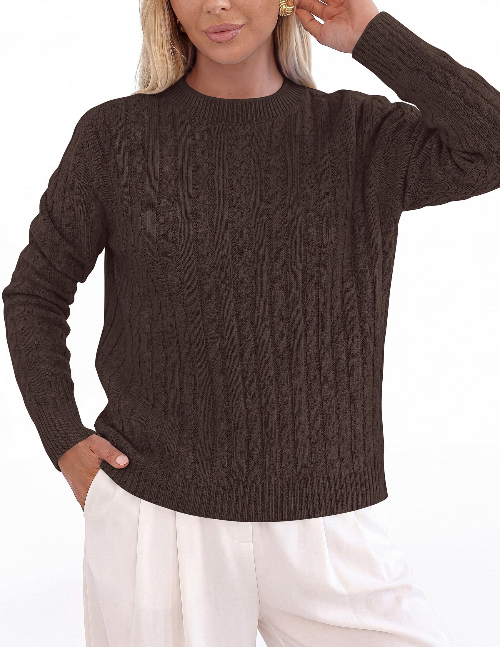 Womens Cable Knit Crewneck Fall Sweater Long Sleeve Tops 2026