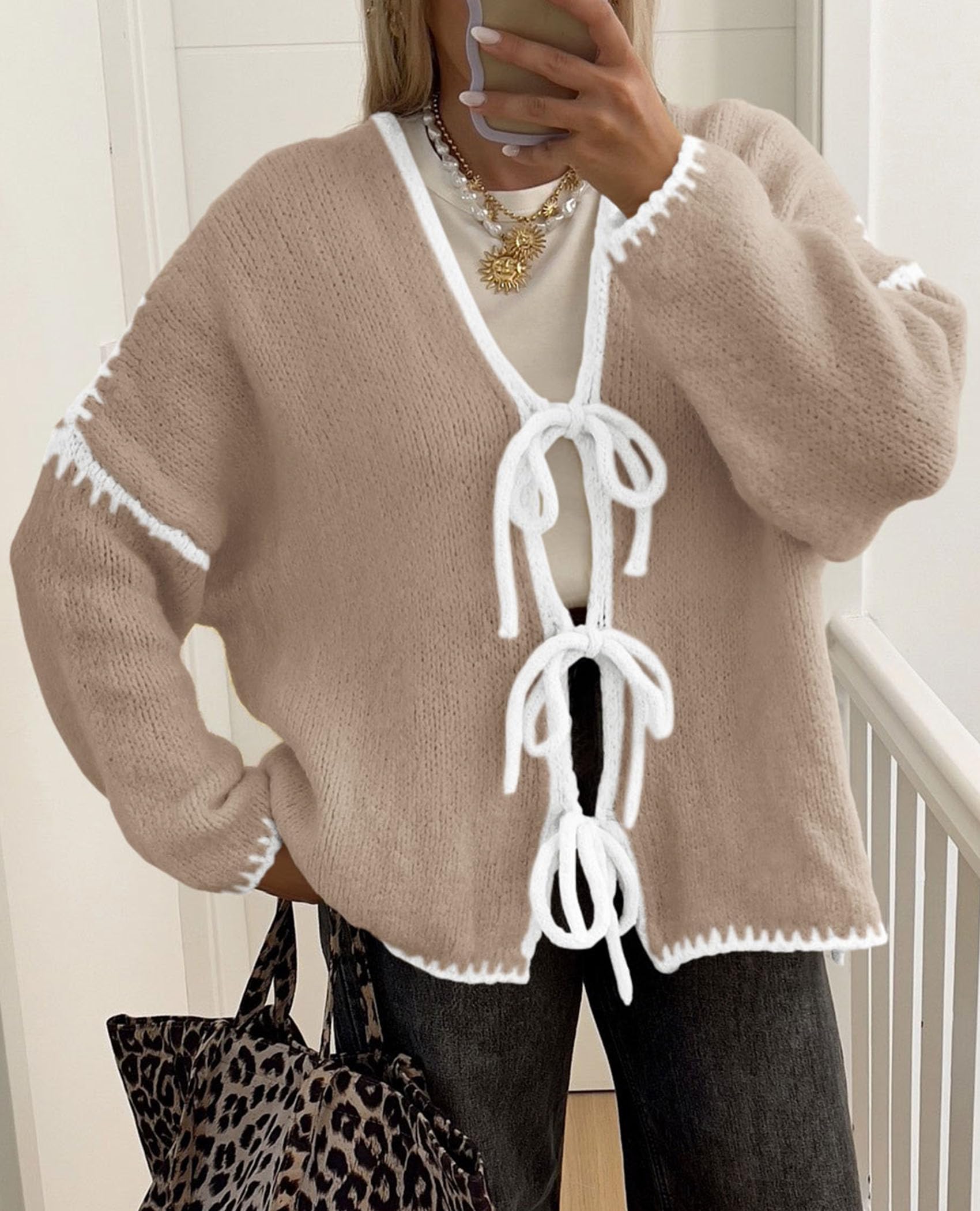 Women's Tie Front Bow Cardigan Sweaters(Camel White,Small)