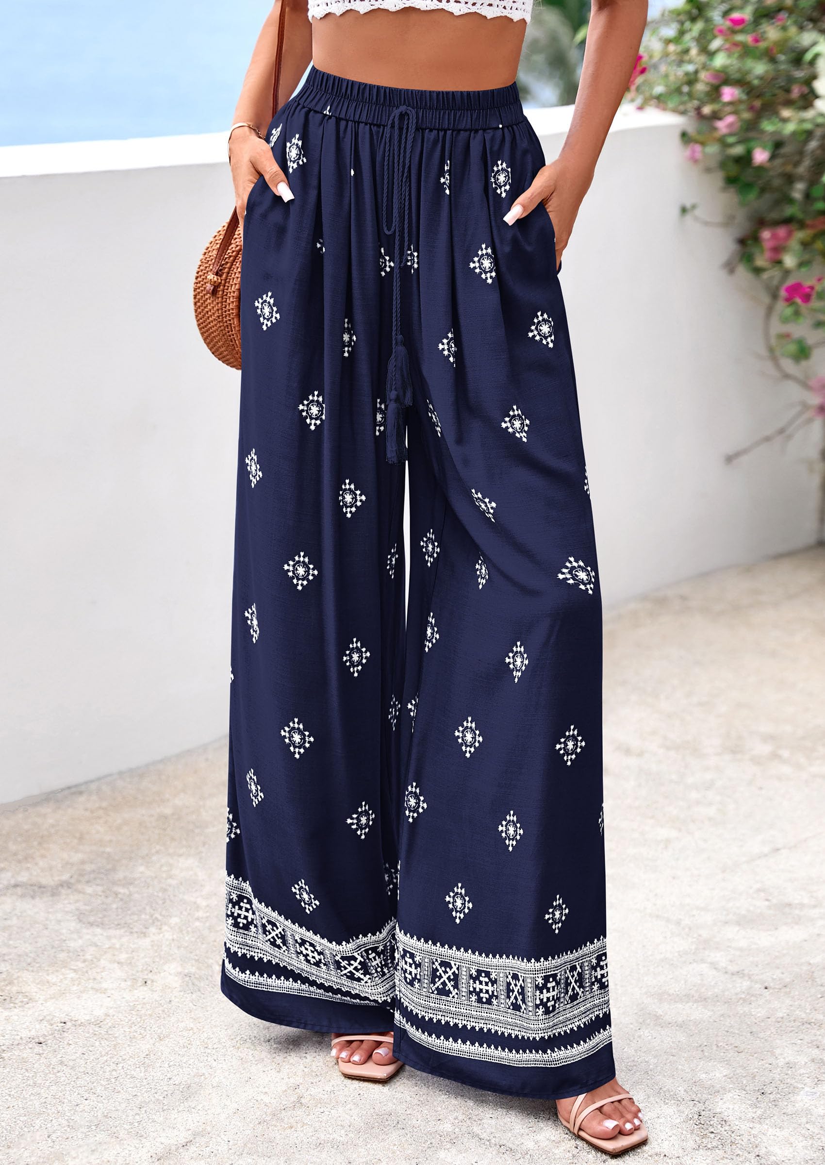 Wide Leg Flowy Boho Pants for Women, Navy Blue,S