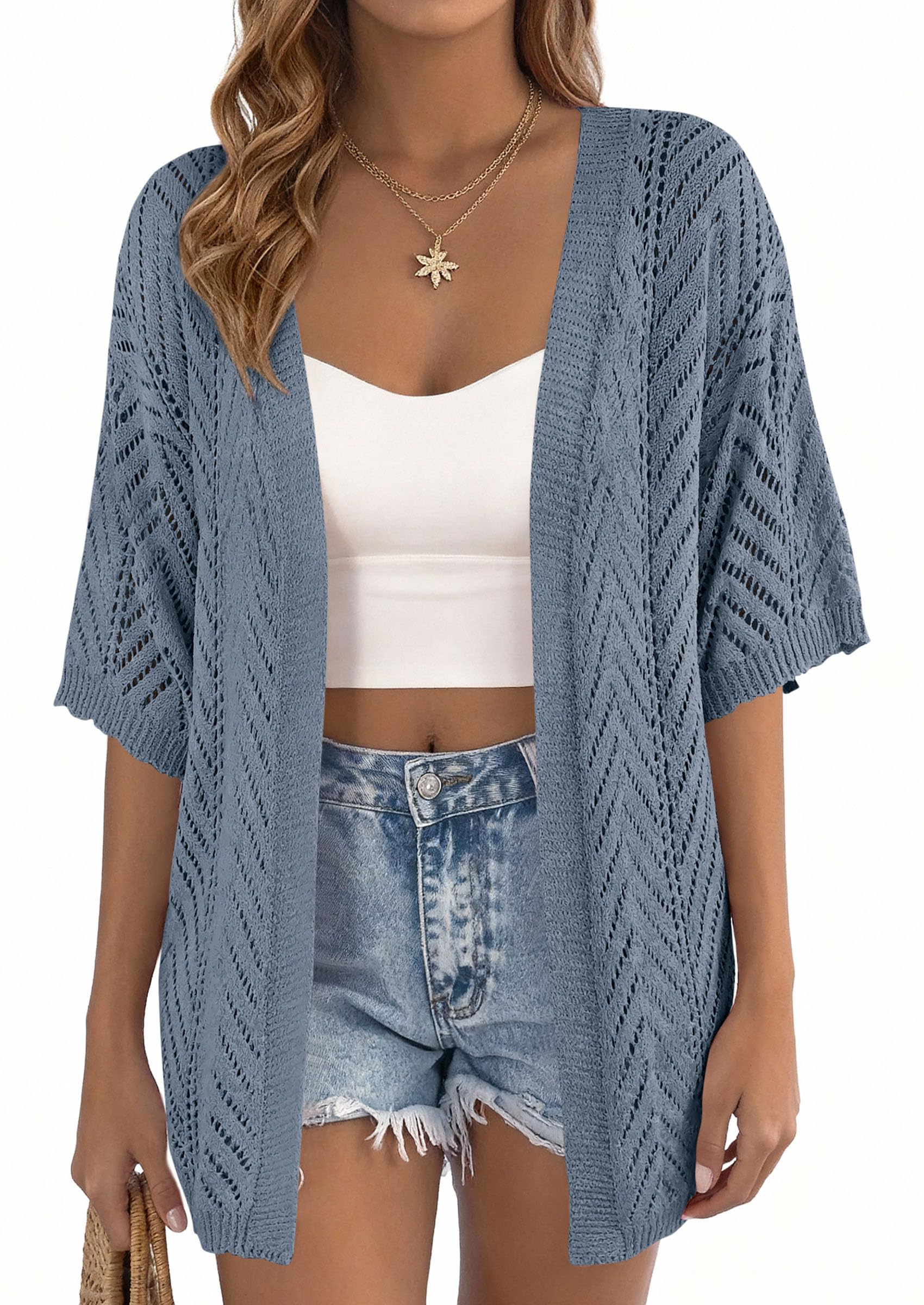 Women Lightweight Summer Short Sleeve Cardigan, Dusty Blue,S