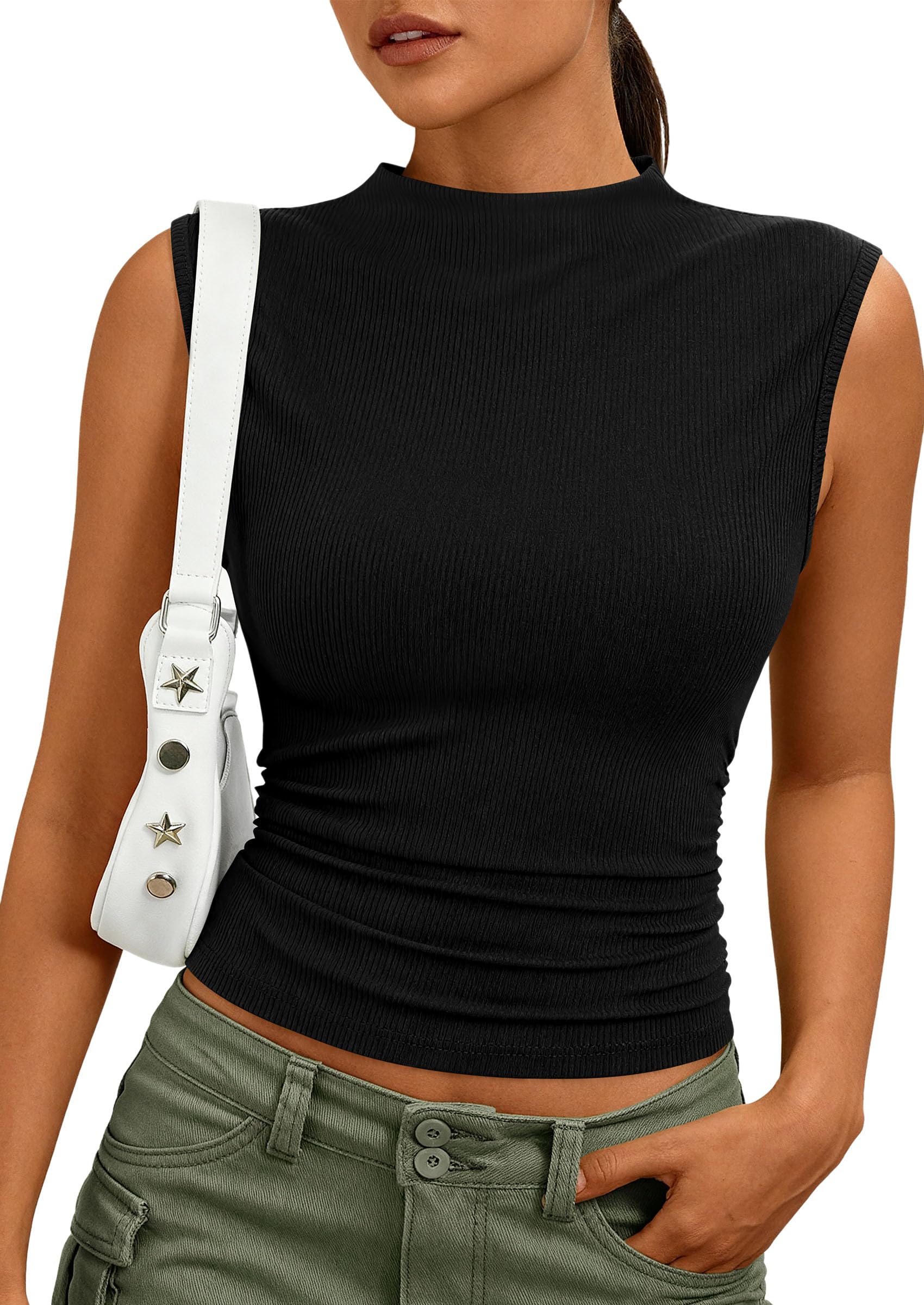 Women's Sleeveless Mock Neck Ribbed Tank Top,Black,S