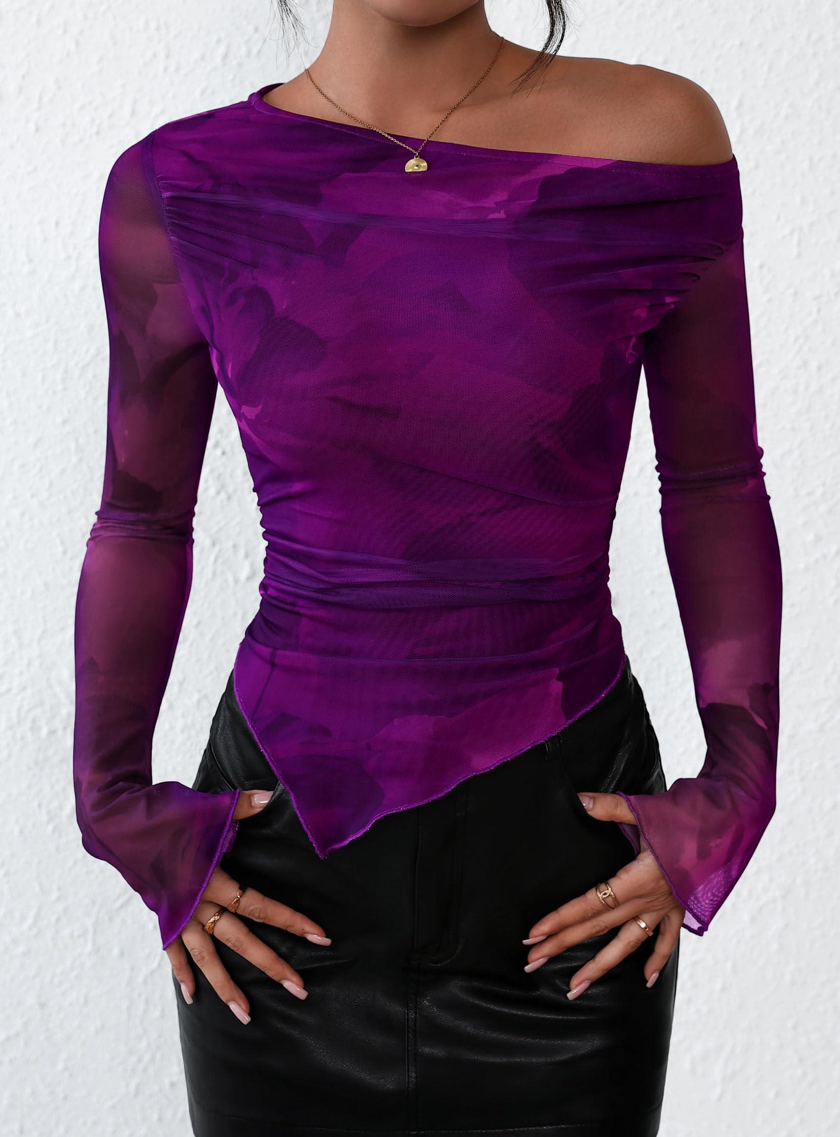 Womens Off Shoulder Mesh Y2k Tops,Print Purple,XS