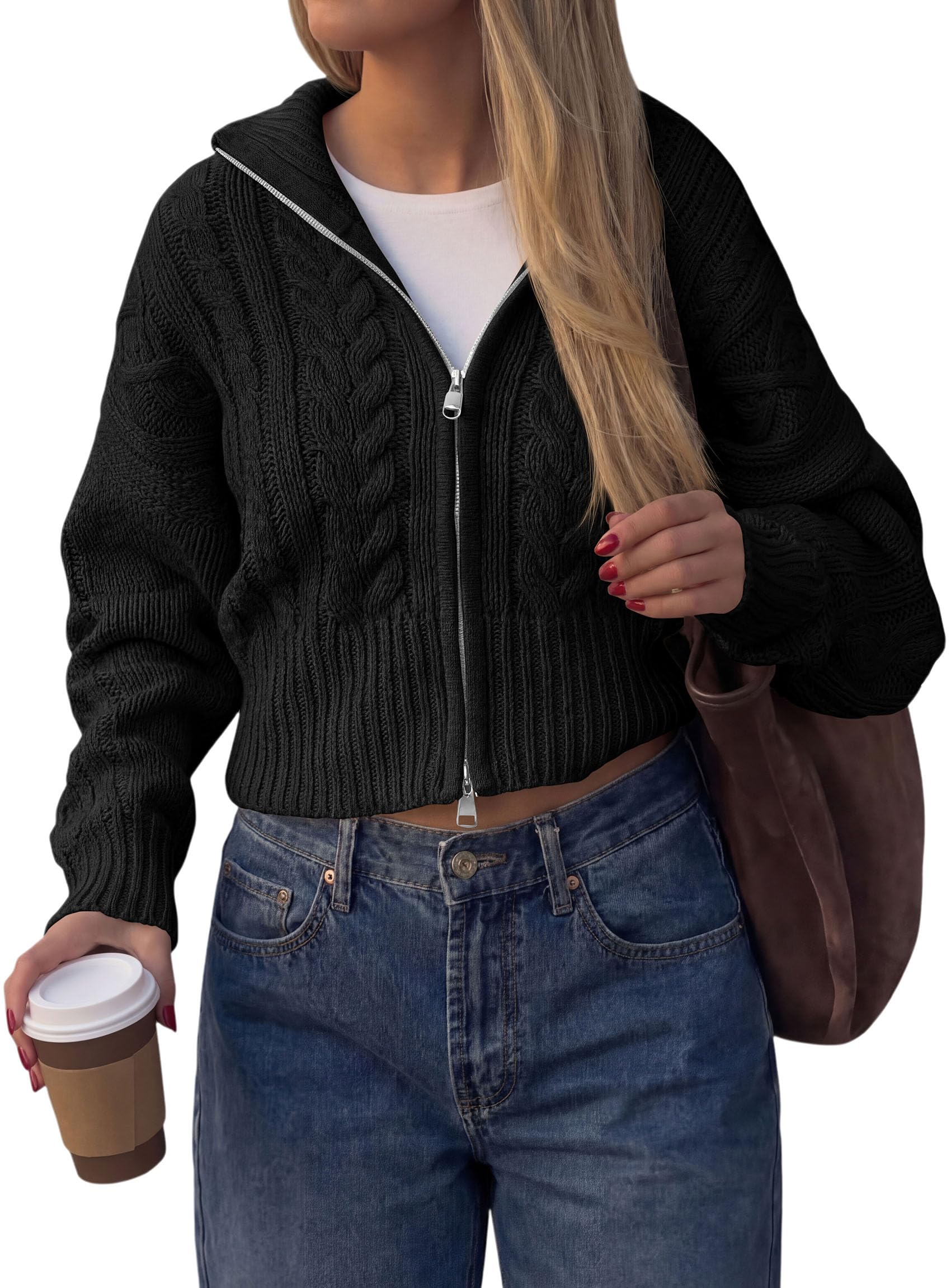 Women's Zip Up Cardigan Sweaters Cropped Jackets Fall Outfits