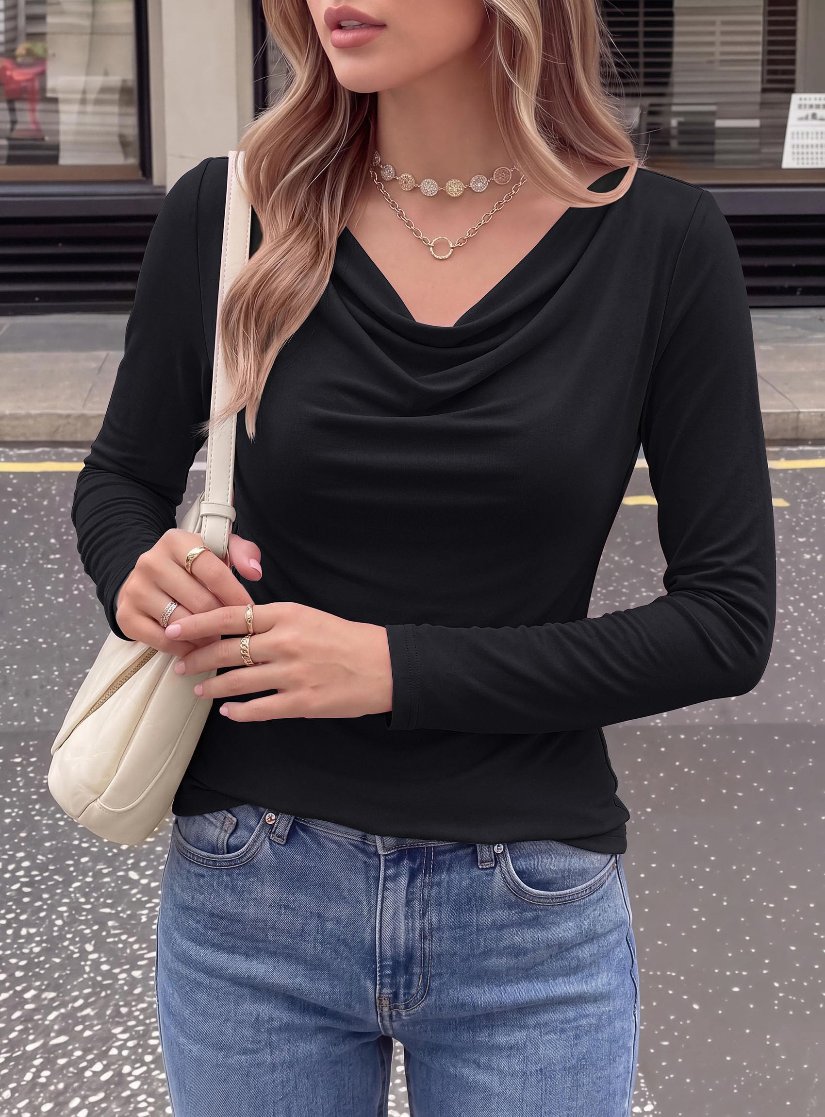 Cowl Neck Tops for Women Fashion Long Sleeve Shirt Black