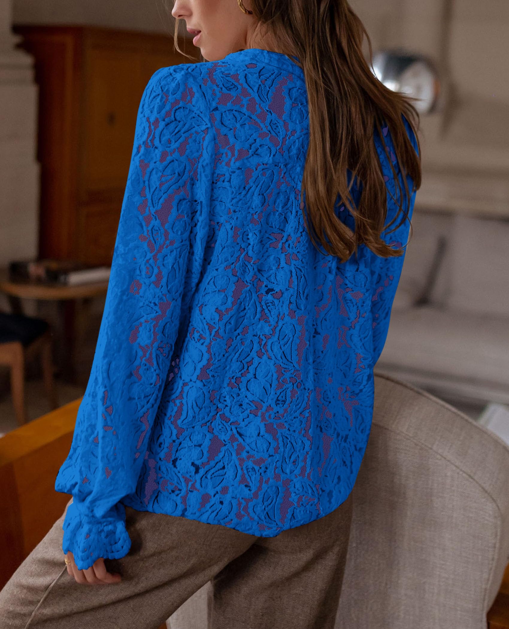 Women's Fall Trendy Long Sleeve Lace Tops(Blue,Small)