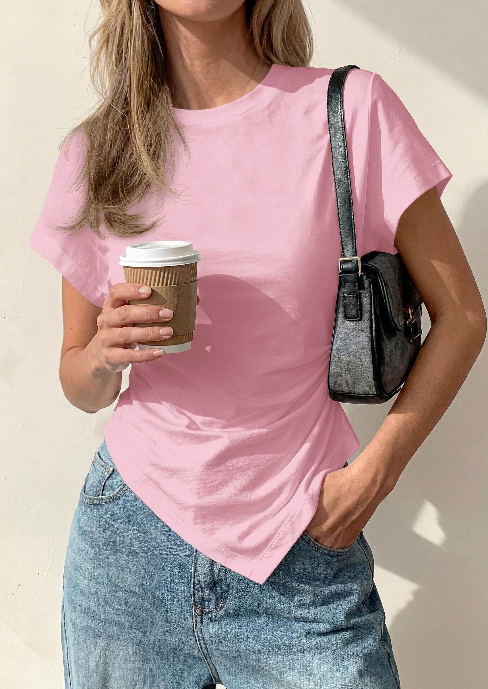Womens Asymmetrical Summer Short Sleeve Tops,Pink,XS
