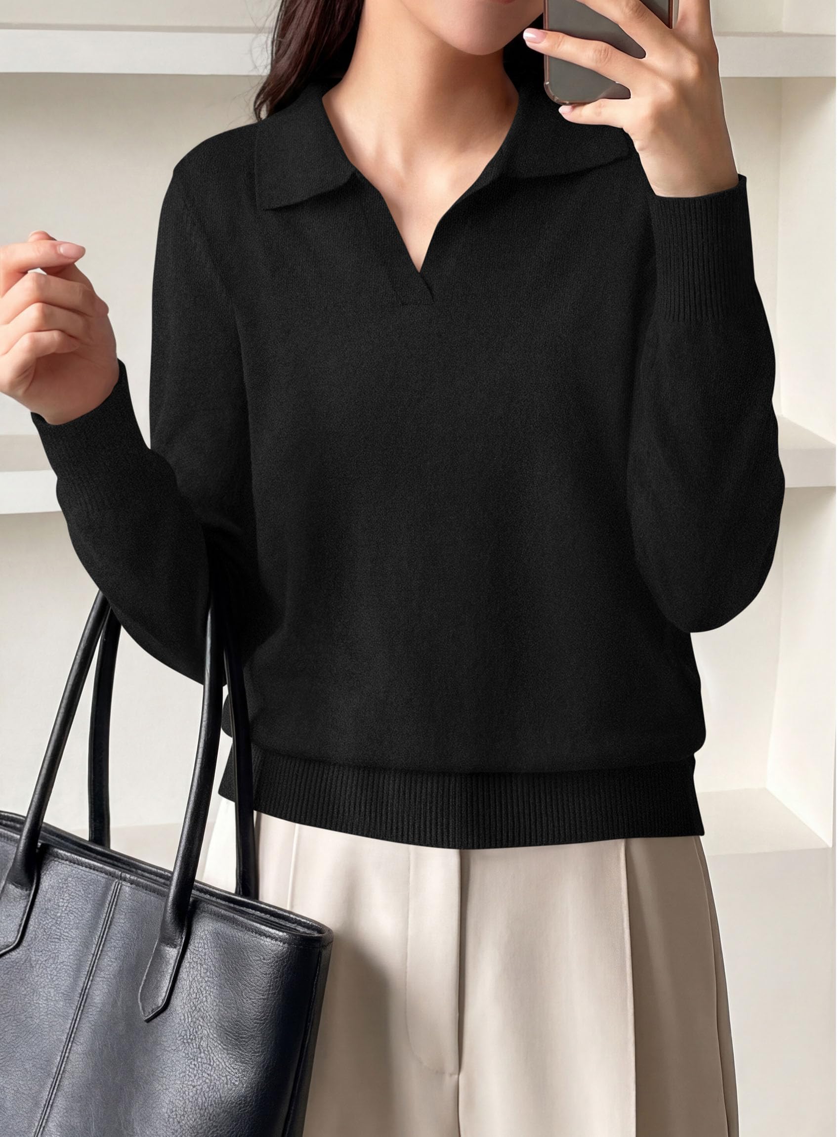 Womens Long Sleeve Collared Polo Sweater,Black,S
