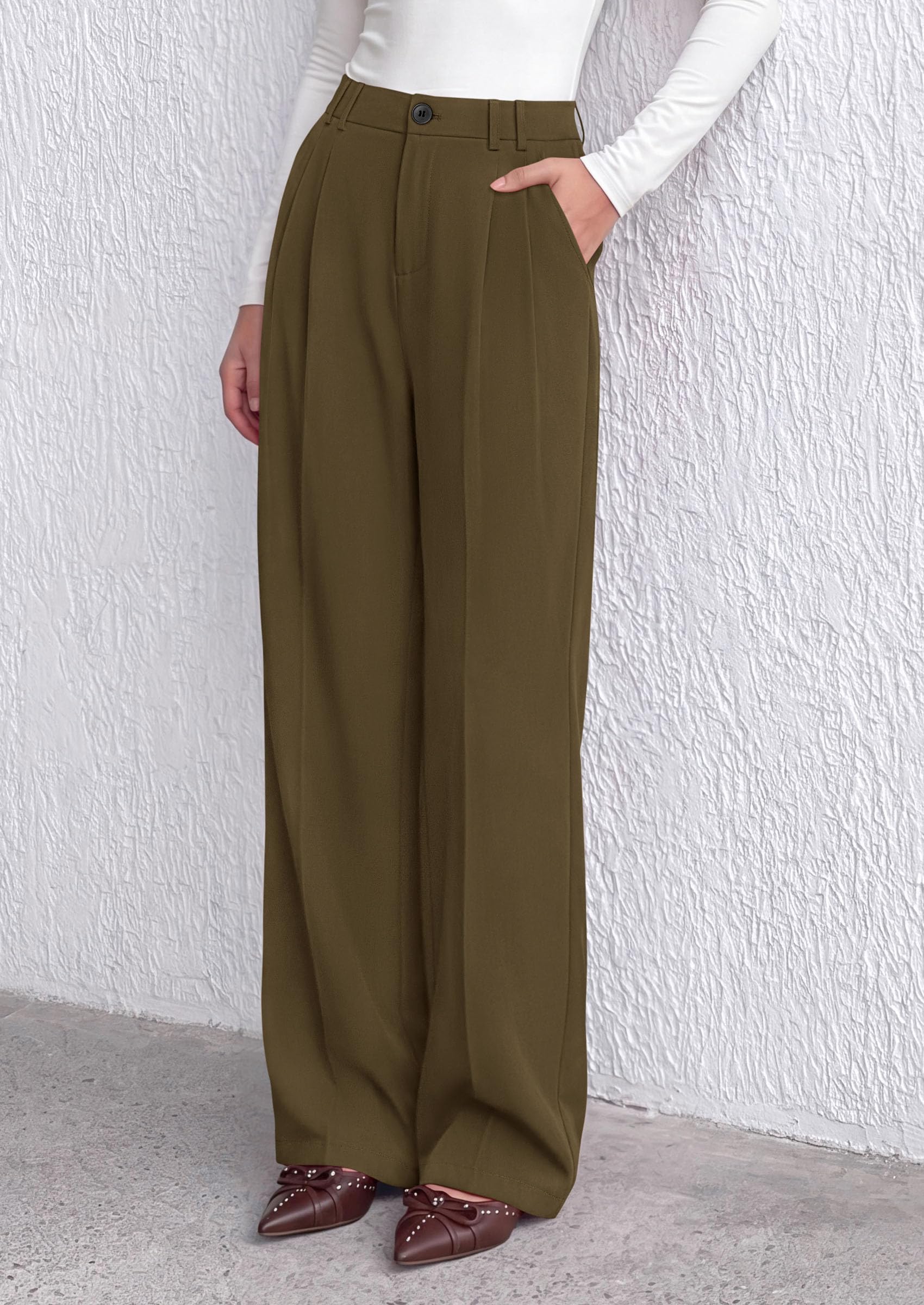 Women's Dress Pants Wide Leg Flowy Trousers,Army Green,S