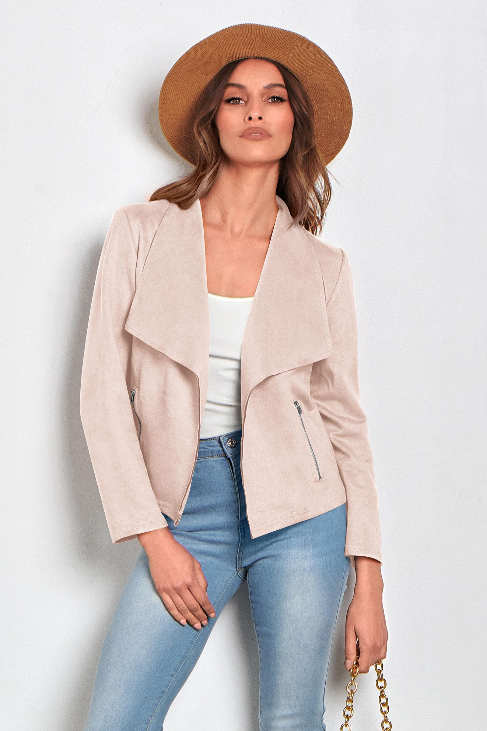 Women's Fall Fashion Faux Suede Jackets(Beige Apricot,Medium)