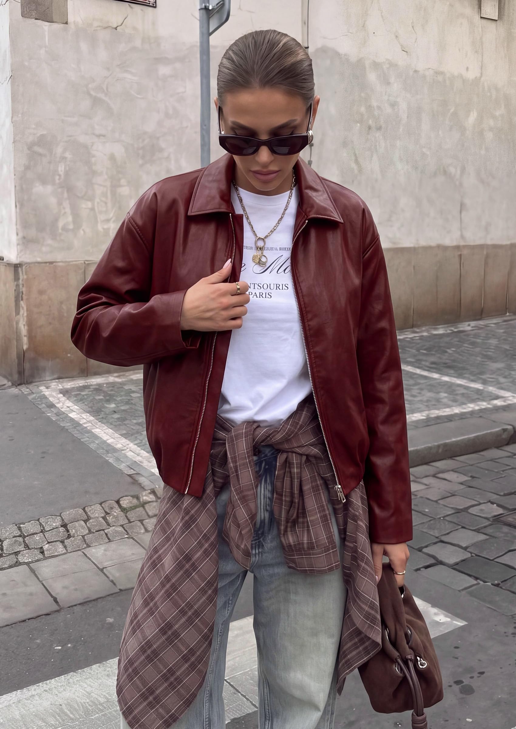 Womens Faux Leather Motorcycle Jackets Fall Cropped Coats