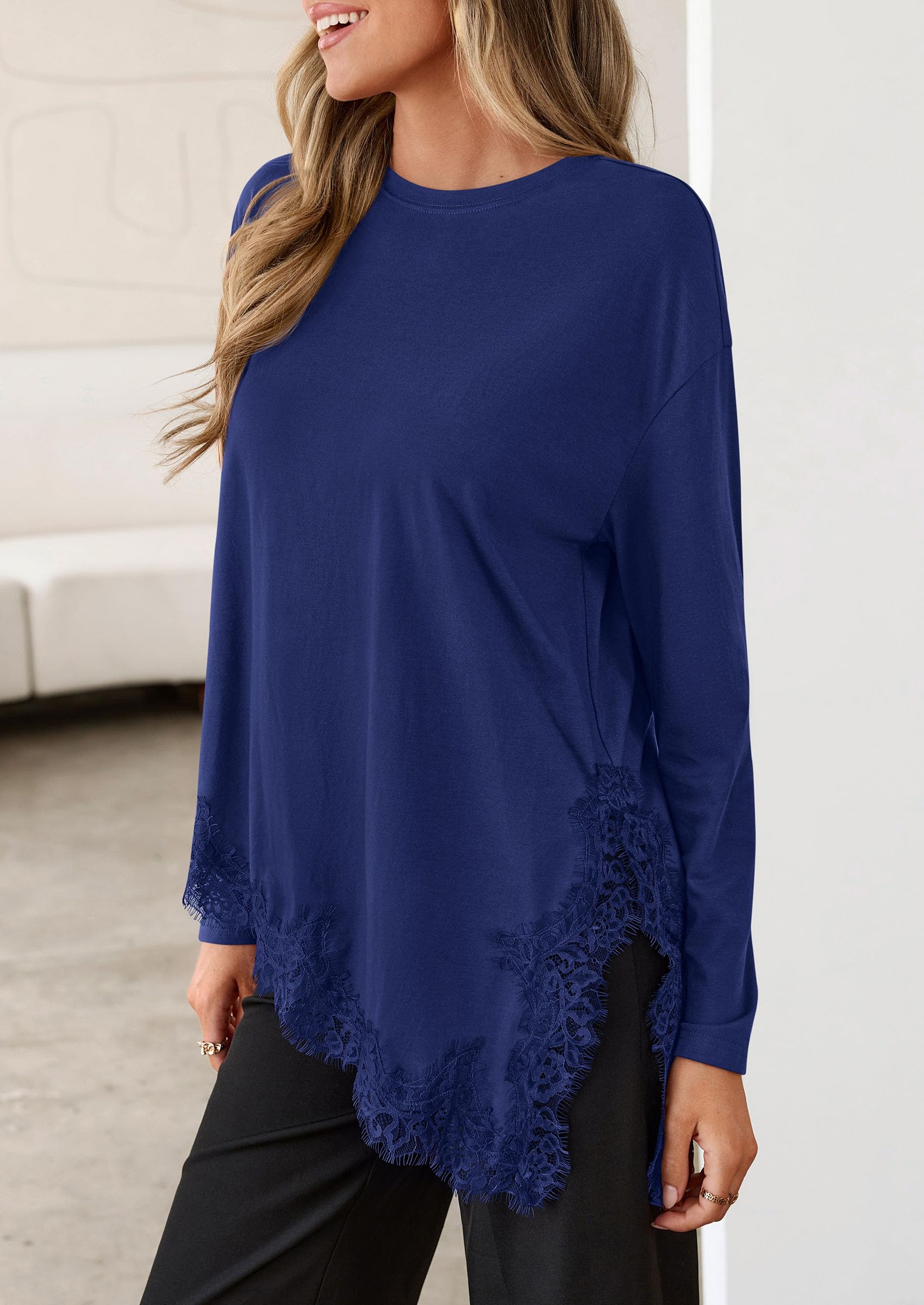 Women's Long Sleeve Asymmetrical Lace Tops Oversized Tshirts