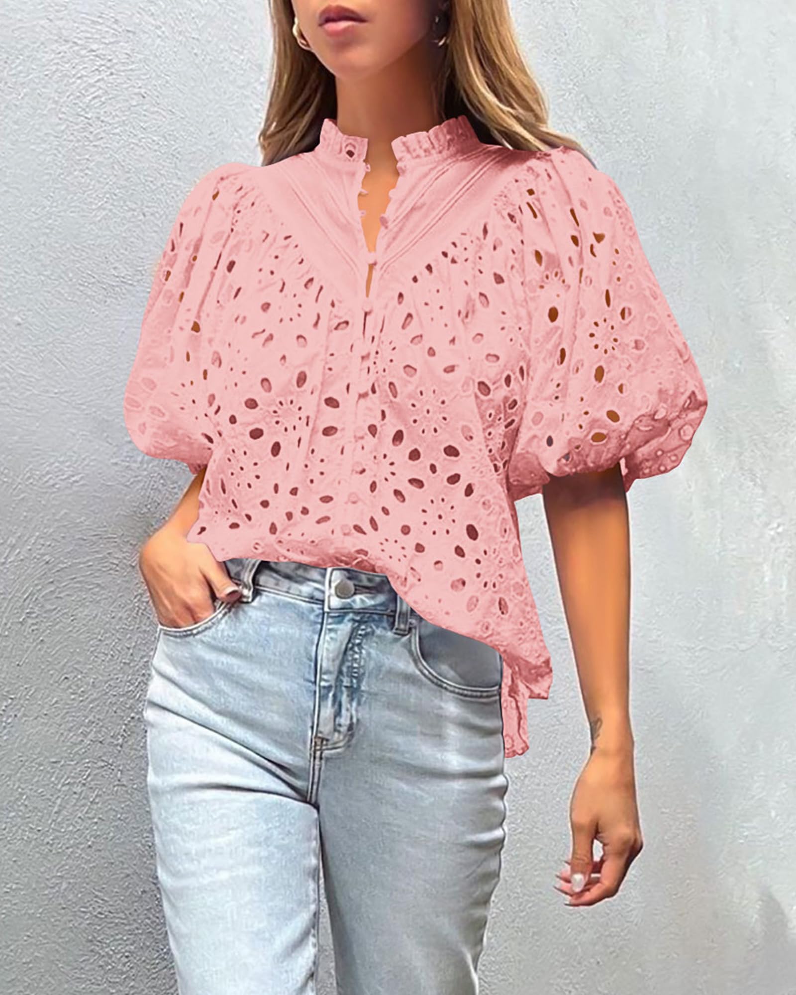 Womens Tops Boho Eyelet Puff Sleeve Blouse, Pink,S