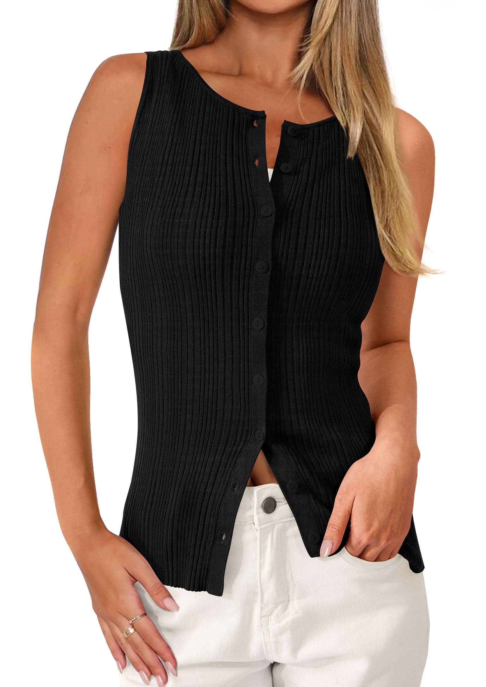 Sleeveless Button Down Shirts for Women Summer 2026 Going Out Ribbed Knit Tank Tops Y2K Clothes Trendy Vest Tops Black