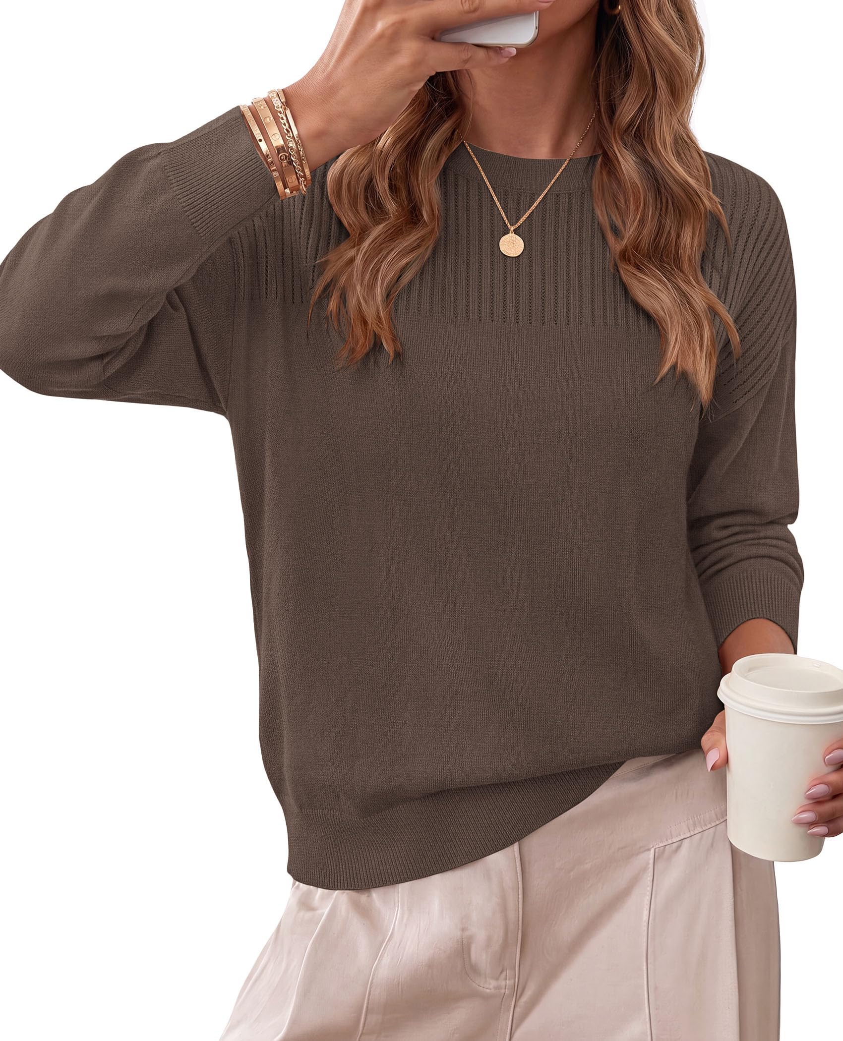 Sweaters for Women Fall Crewneck Knit Cropped Sweater Coffee