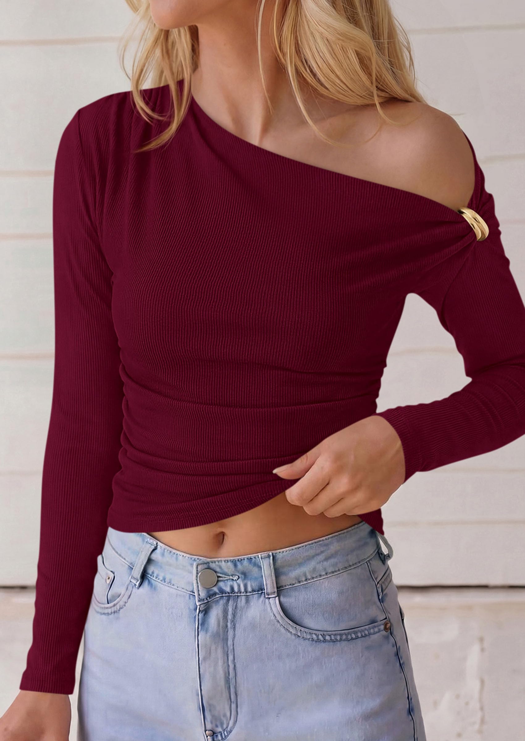 Womens Off The Shoulder Asymmetrical Tops Long Sleeve Shirts
