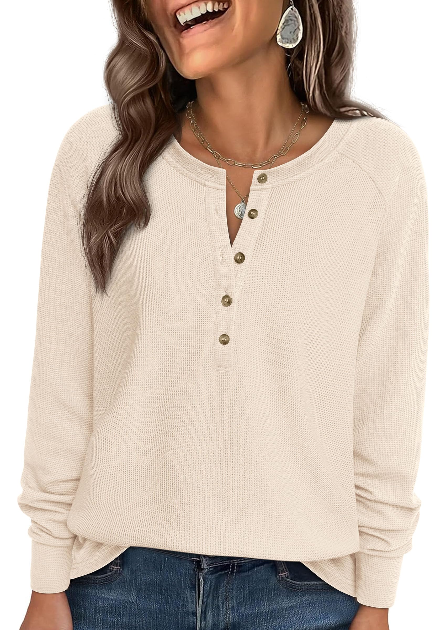 Women's Long Sleeve Waffle Knit Henley Shirts Loose Tunic Tops
