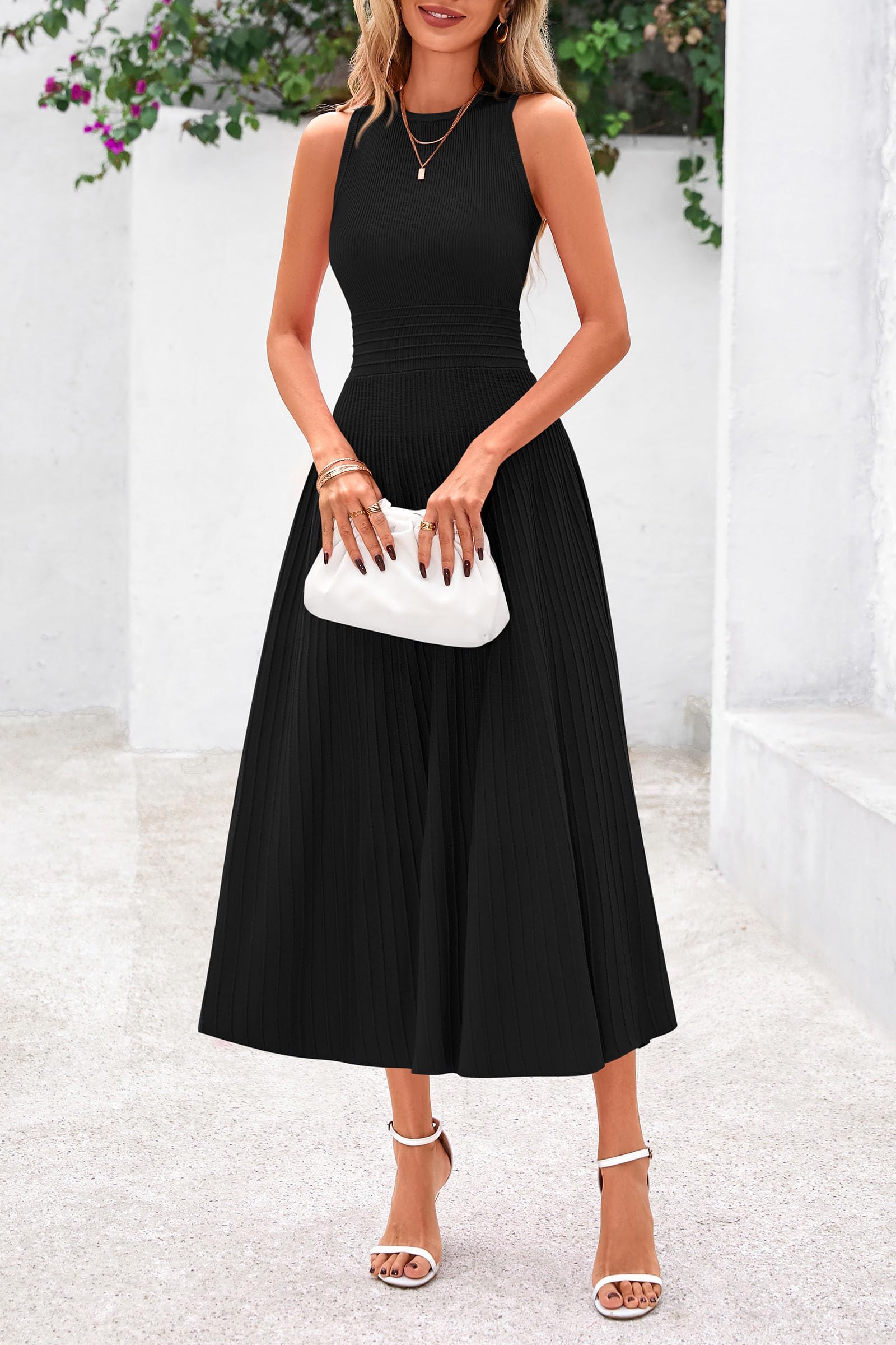 Women's Summer Pleated Midi Work Dress,Black,S