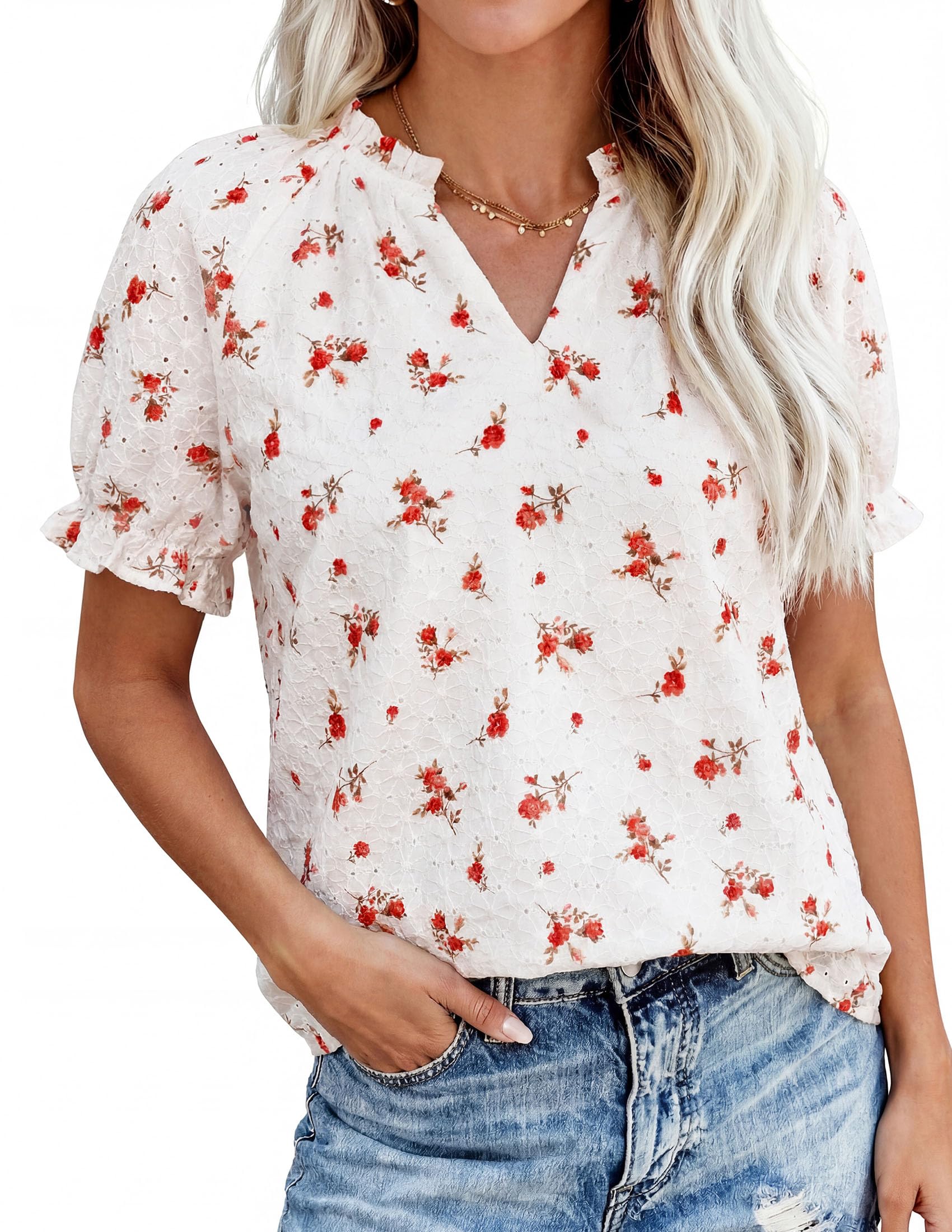 Womens Floral Short Sleeve Blouses,S Red Flower,S