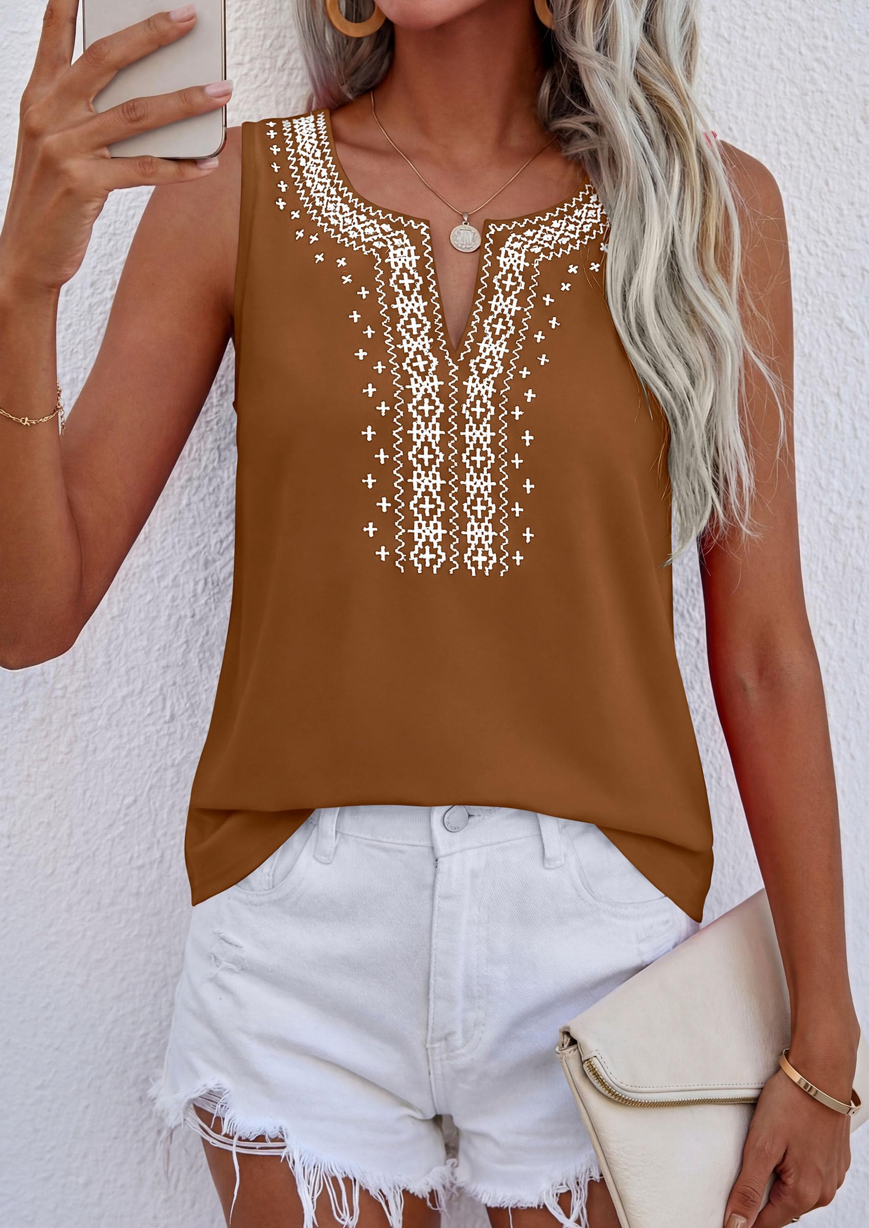Womens Embroidered Sleeveless Tank Tops Khaki,S