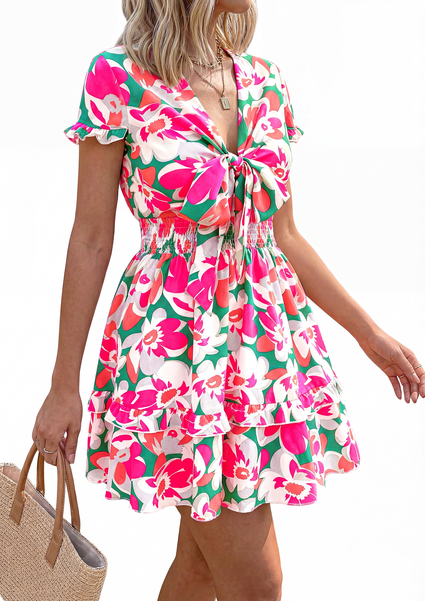 Women's Boho Floral Mini Tiered Bow Dress, Floral Green Pink,S