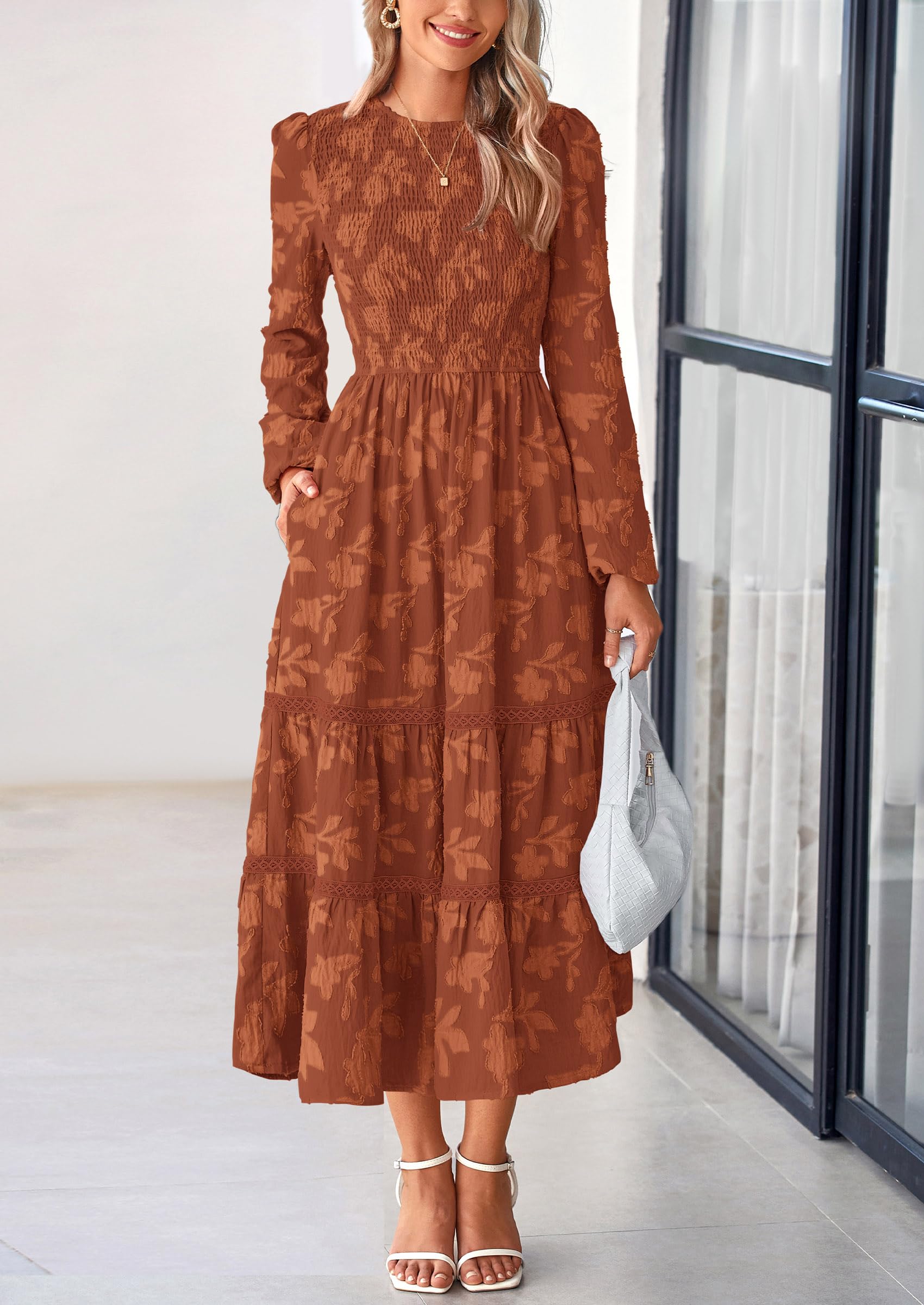 Women's Long Sleeve Boho Floral Midi Dress, Brick Red,S