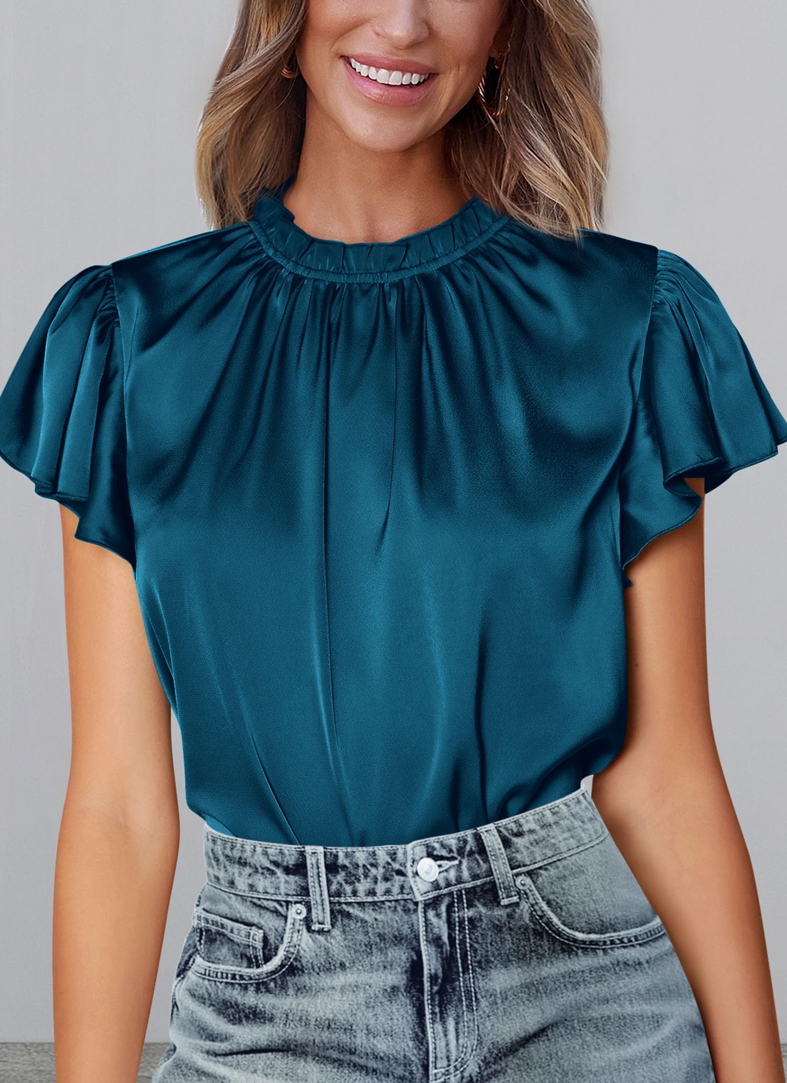 Women Satin Tops Business Casual Work Blouses, Dark Sea Blue,S