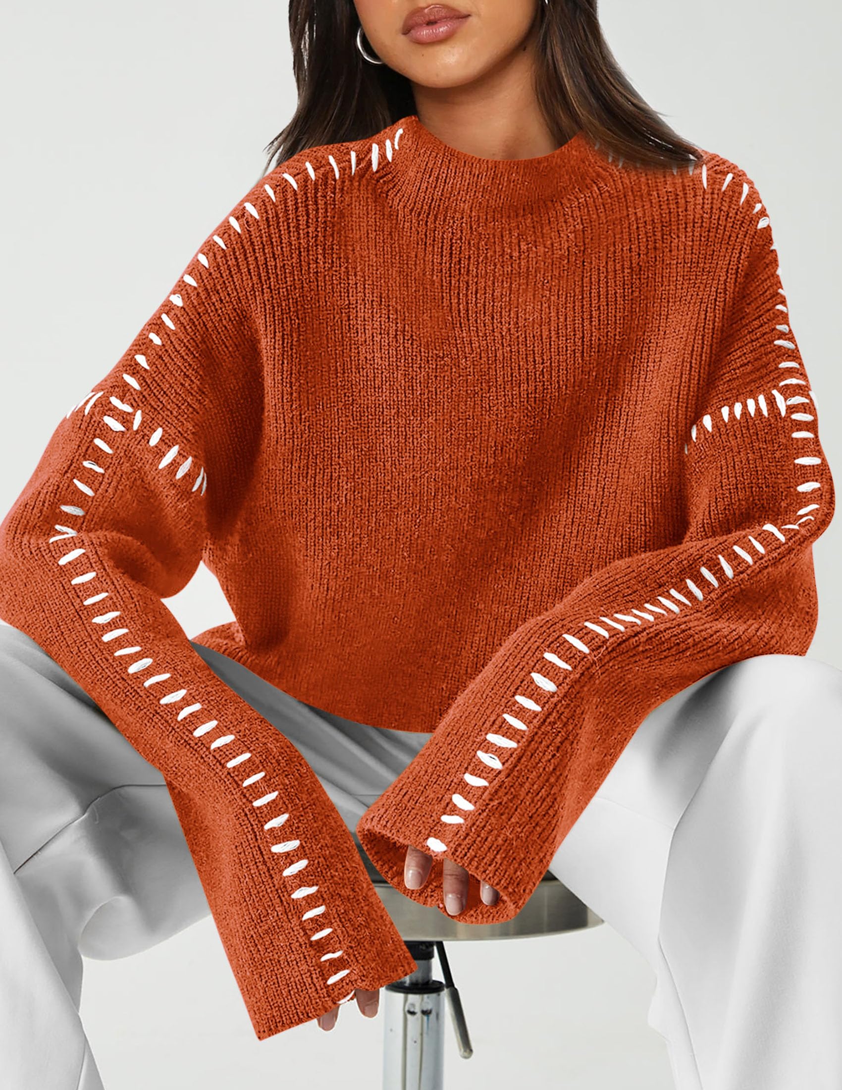 Womens Chunky Knit Oversized Pullover Sweaters,Rust Red,S