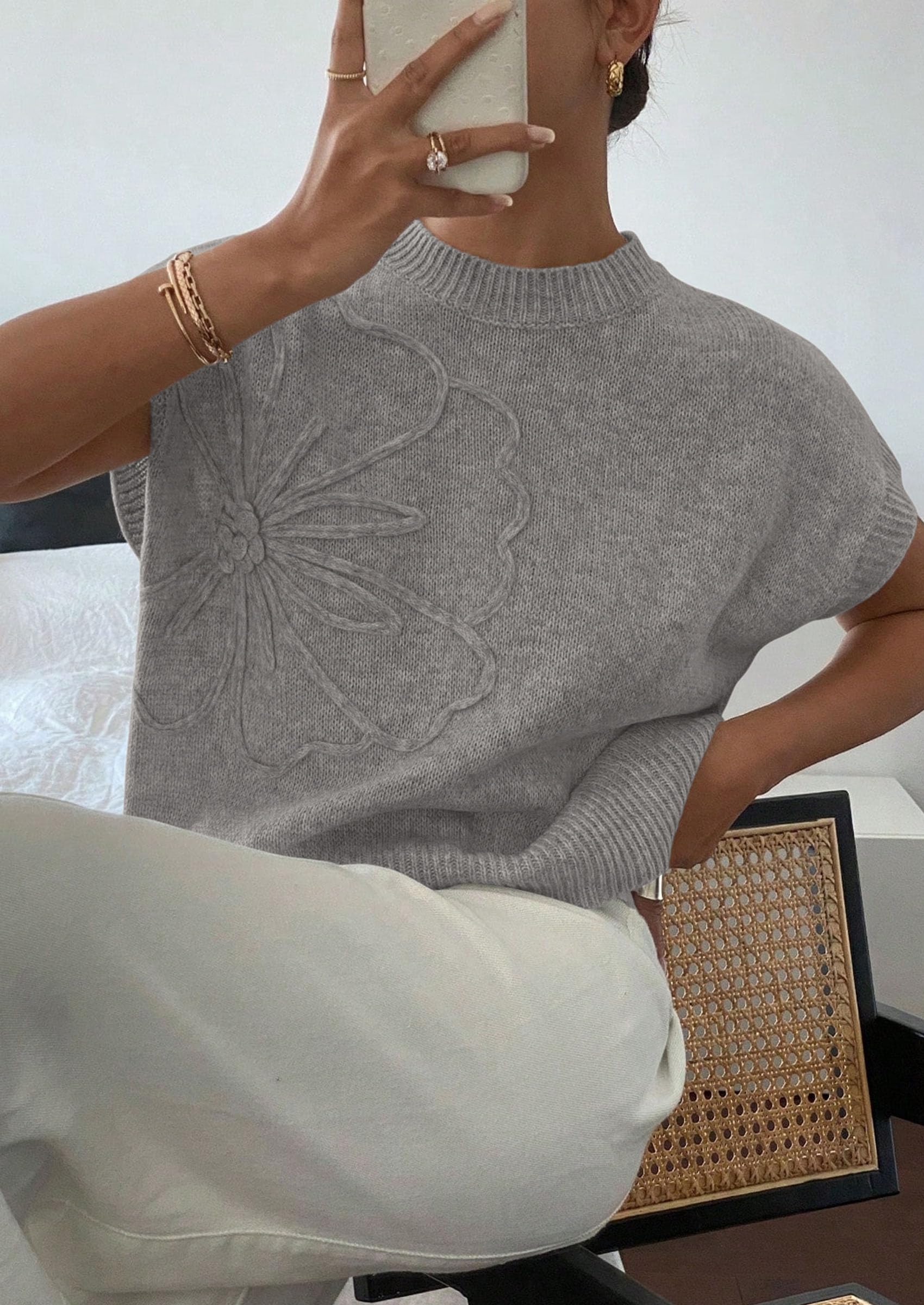 Women's Summer Short Cap Sleeve Sweater Vest (Grey,S)