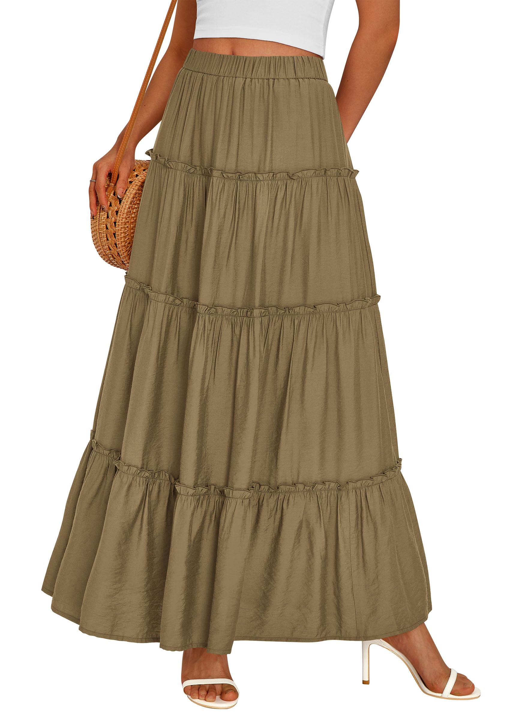Women's Boho Tiered Ruffle Flowy Maxi Skirt, Army Green,S