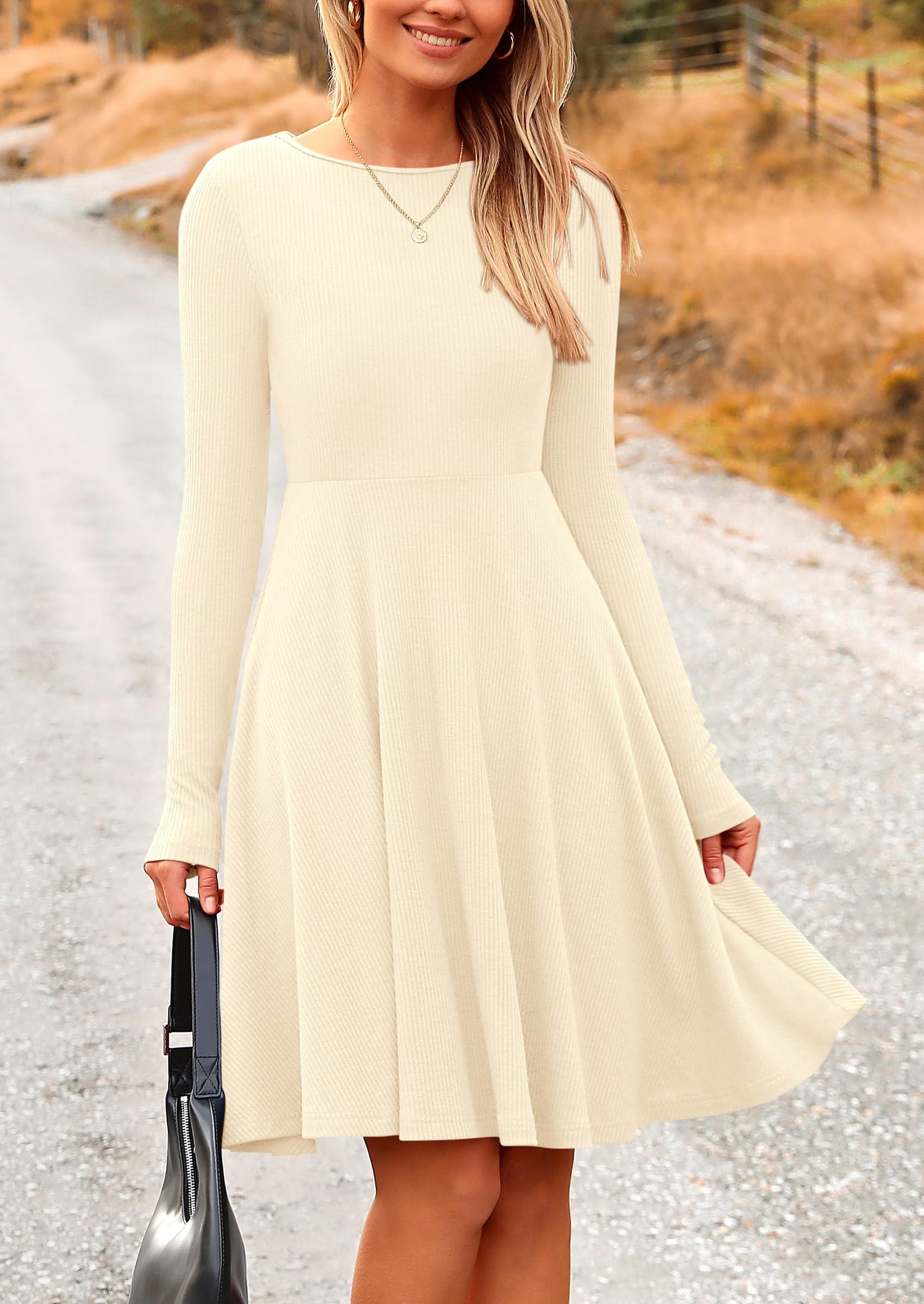 Women's Fall Casual Long Sleeve Short Dress (Beige,S)